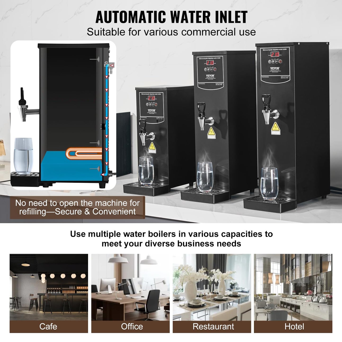 VEVOR Commercial Water Boiler, 10L Electric Hot Water Dispenser with 316 Stainless Steel Heating Tube, 1500W Step-by-step Fast Heating 50L/H Hot Water Boiler, for Coffee Tea Restaurant Office