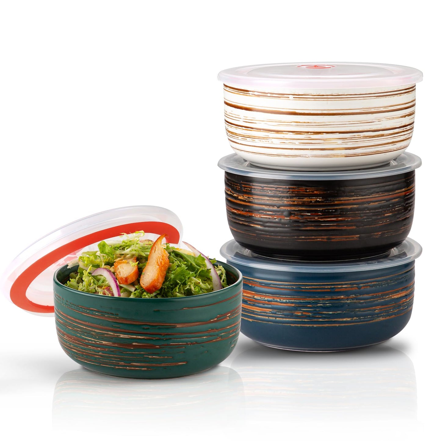 YUN TAO 23 oz Ceramic Bowls with Lids (Set of 4), 6 Inch Airtight Food Storage Containers for Kitchen, Microwave & Oven Safe - Ideal for Cereal, Soup, Salad, Pasta, Ramen