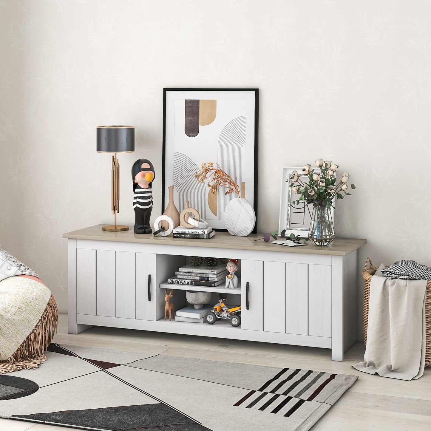 Tangkula 2 Doors TV Stand for TVs up to 65”, 57” Media Console Table w/ 2 Cabinets & Open Shelves, 2 Cable Management Holes. Wood Entertainment Center Cabinet for Living Room (White Oak)