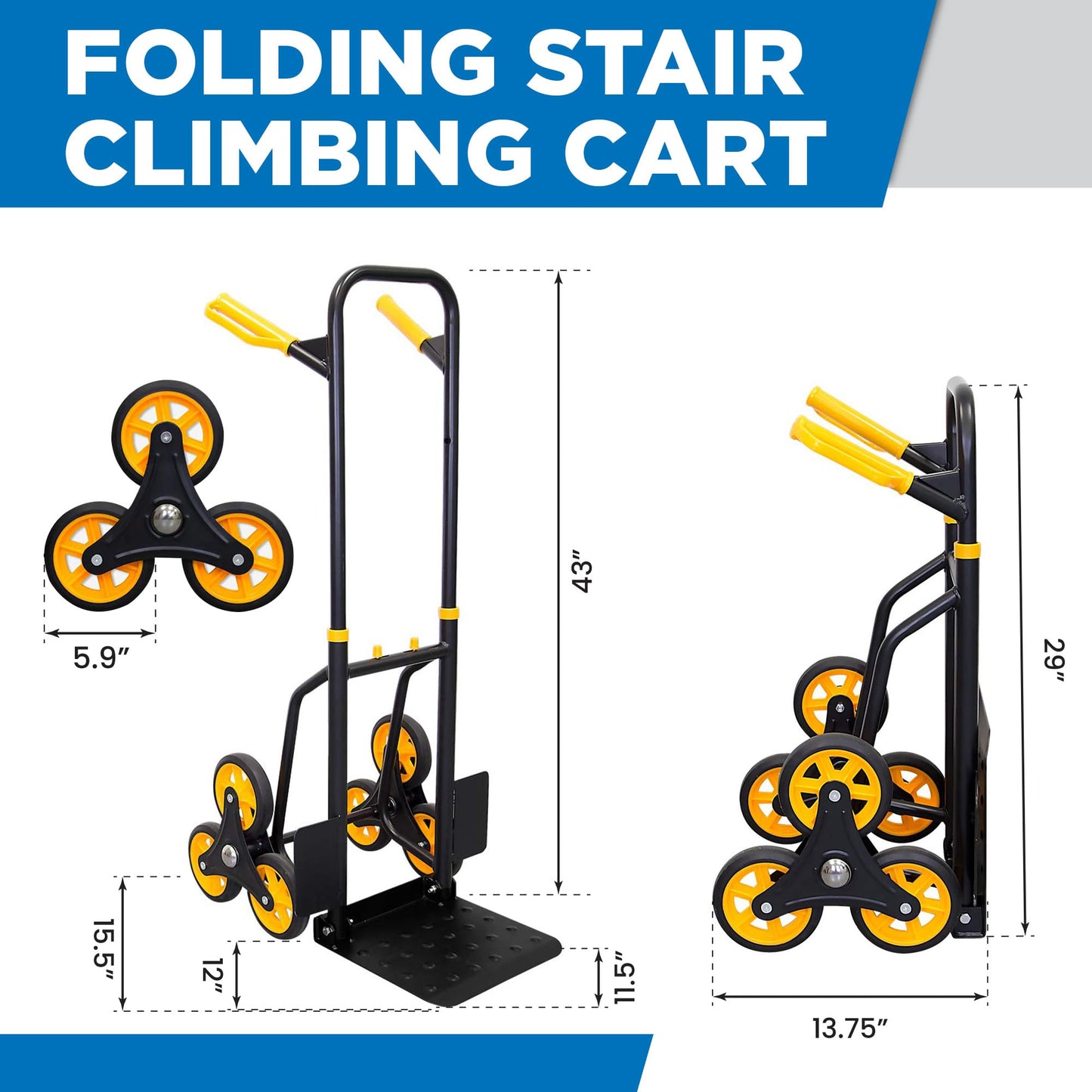 Mount-It! Stair Climbing Dolly for Moving, Heavy-Duty Hand Truck for Stairs with 6 Wheels, Folding Stair Climber Cart with Telescoping Handle, 330 lb Flat / 265 lb Stair Capacity