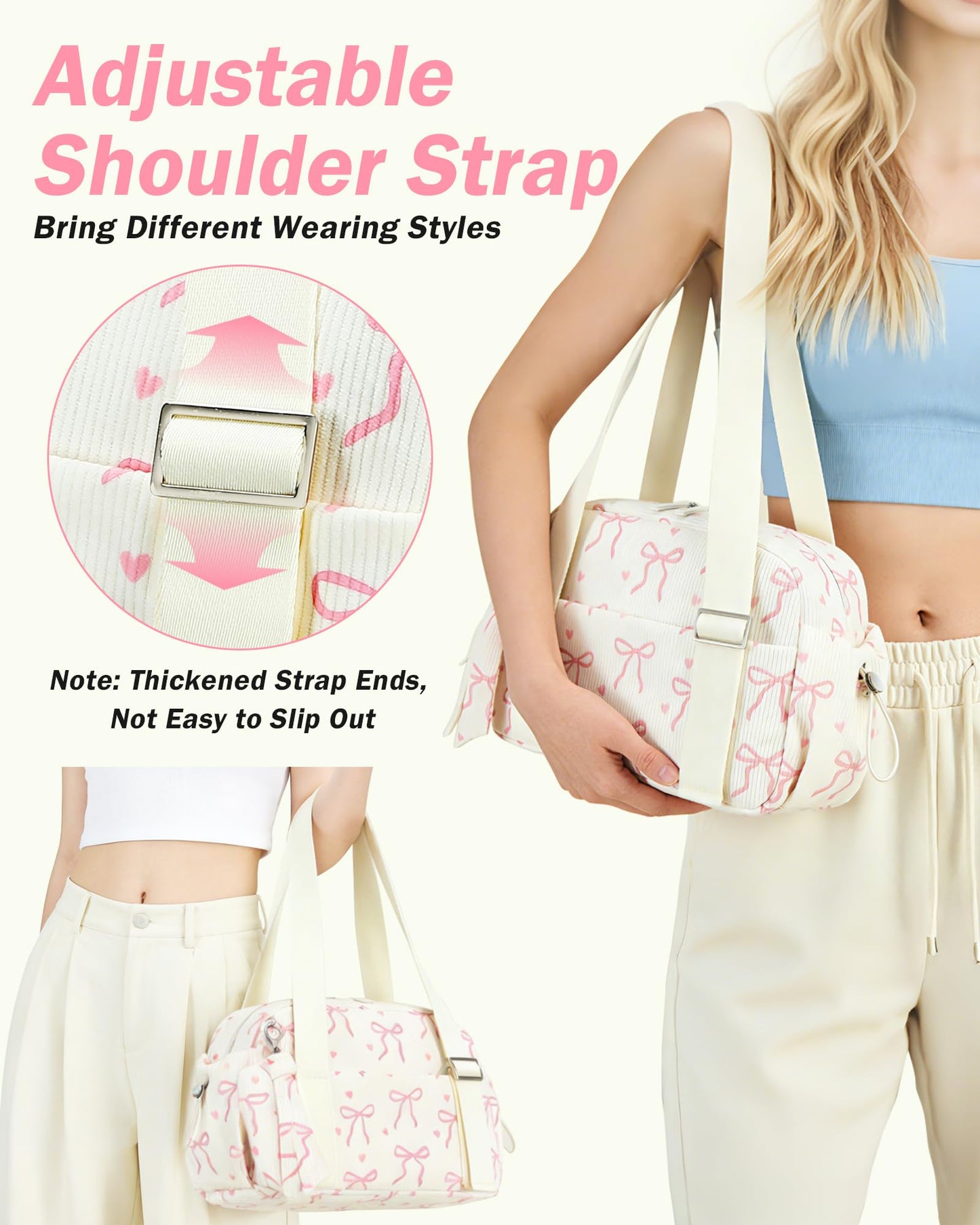 LOIDOU Mini Gym Bag for Women Girls, Small Corduroy Sports Duffel with Wet Pocket and Adjustable Strap, Cute Bow Workout Yoga Dance Tote, Travel Carrying Fits Shoes (Pink Bow-Beige)