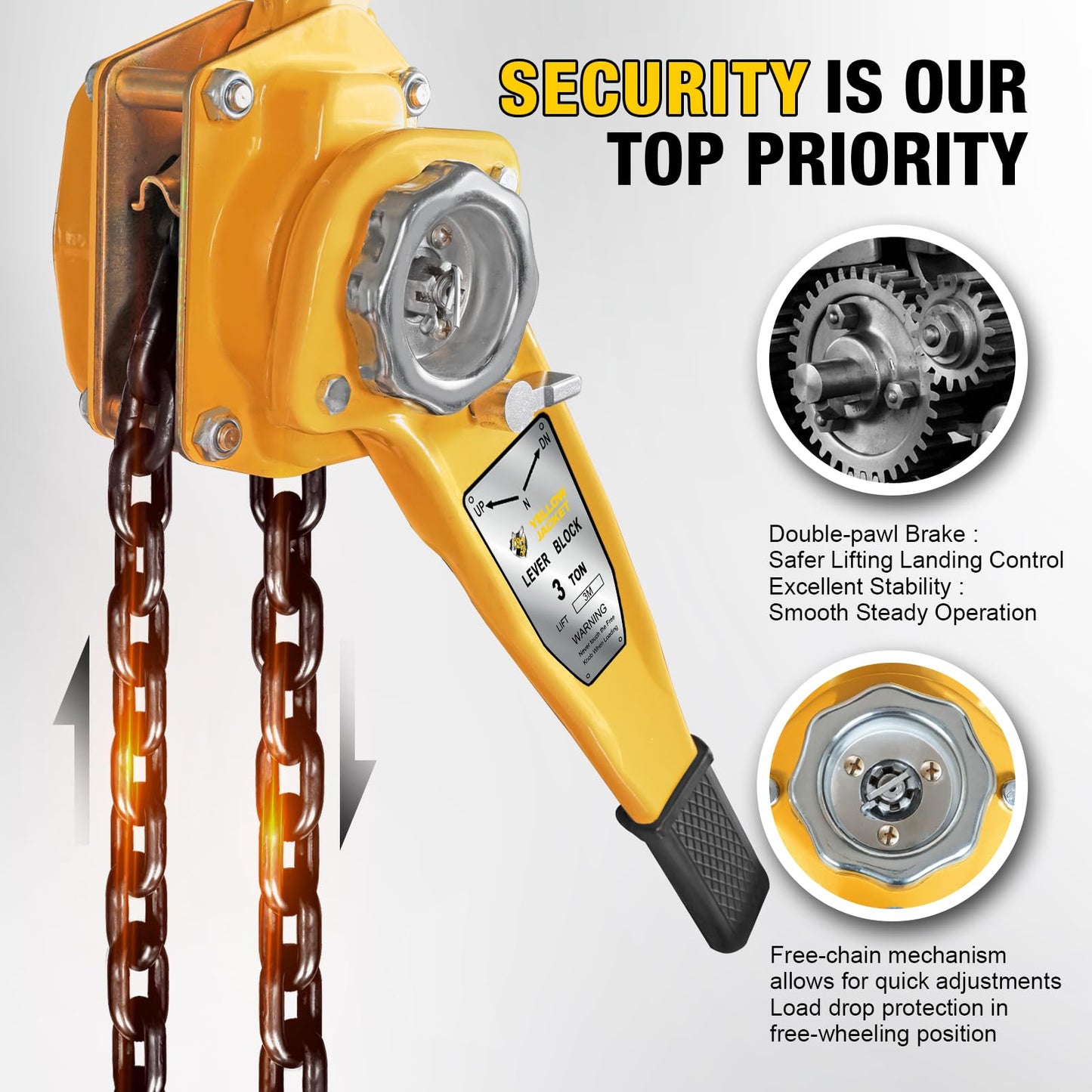 YELLOW JACKET 3 Ton Manual Lever Chain Hoist, 10 FT Come Along, G80 Galvanized Carbon Steel with Weston Double-Pawl Brake, Chain Come Along and Safety Measures for Chain Fall