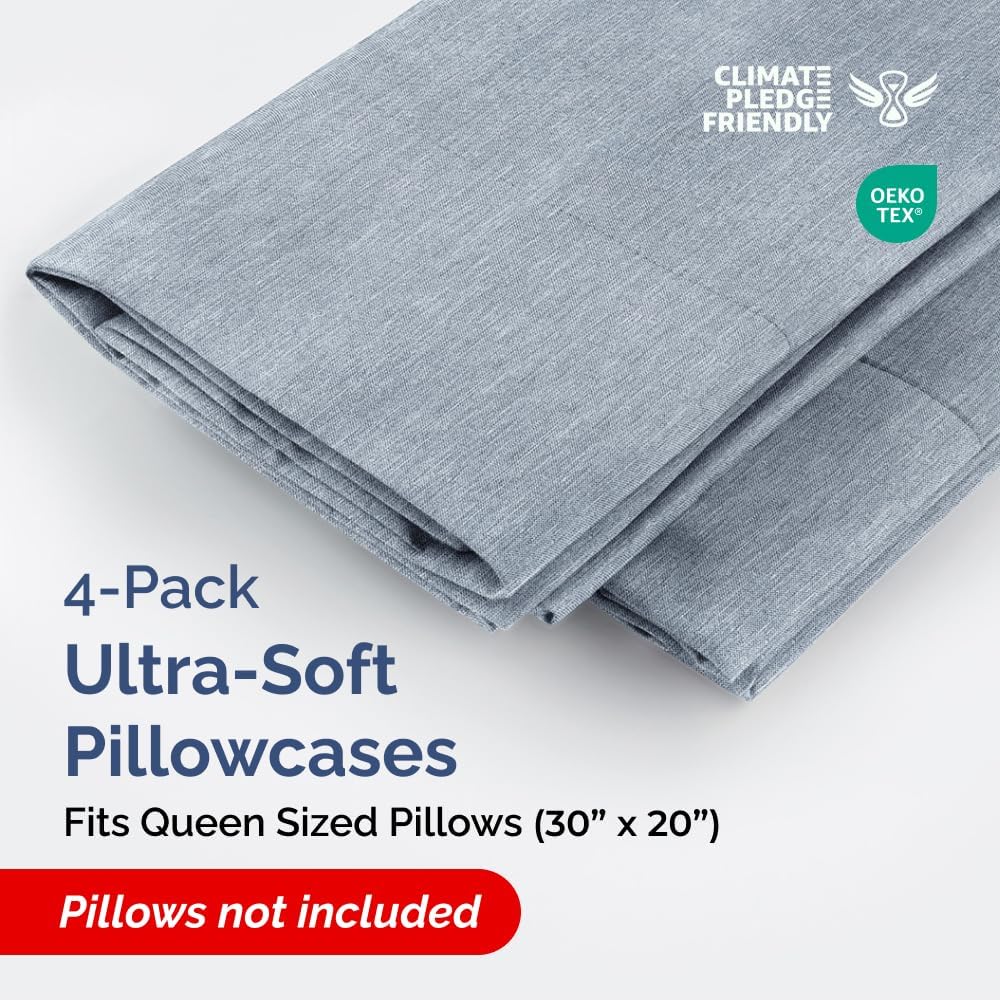 Queen Pillow Cases Set of 4 - Ultra Soft Hotel Quality - Wrinkle-Free & Fade Resistant - Heathered Blue