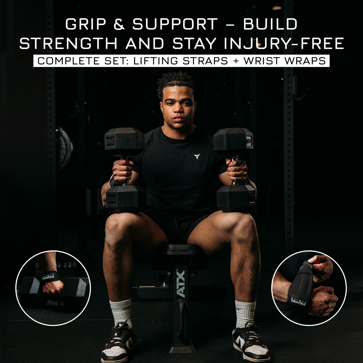 BREAKING LIMITS Set of Lifting Straps & Wrist Wraps - 2 Wrist Bandages, 2 Lifting Aids - Strength Training, Weight Lifting, Bodybuilding, Lift Training, Powerlifting, One Size | (Black)