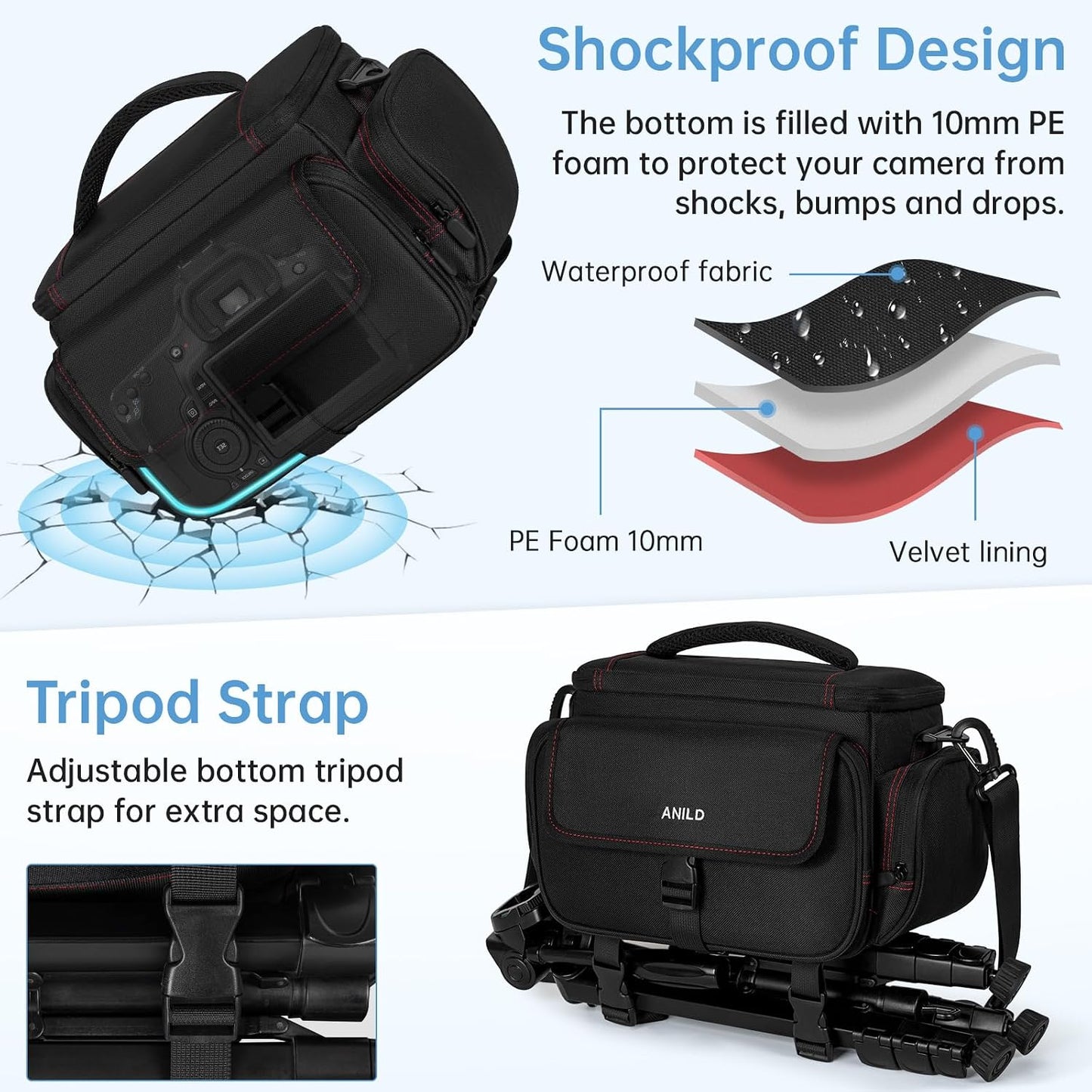 ANILD DSLR Gadget Bag, Crossbody Camera Bag for Photographers, Solid Water-resistant Travel Photography Camera