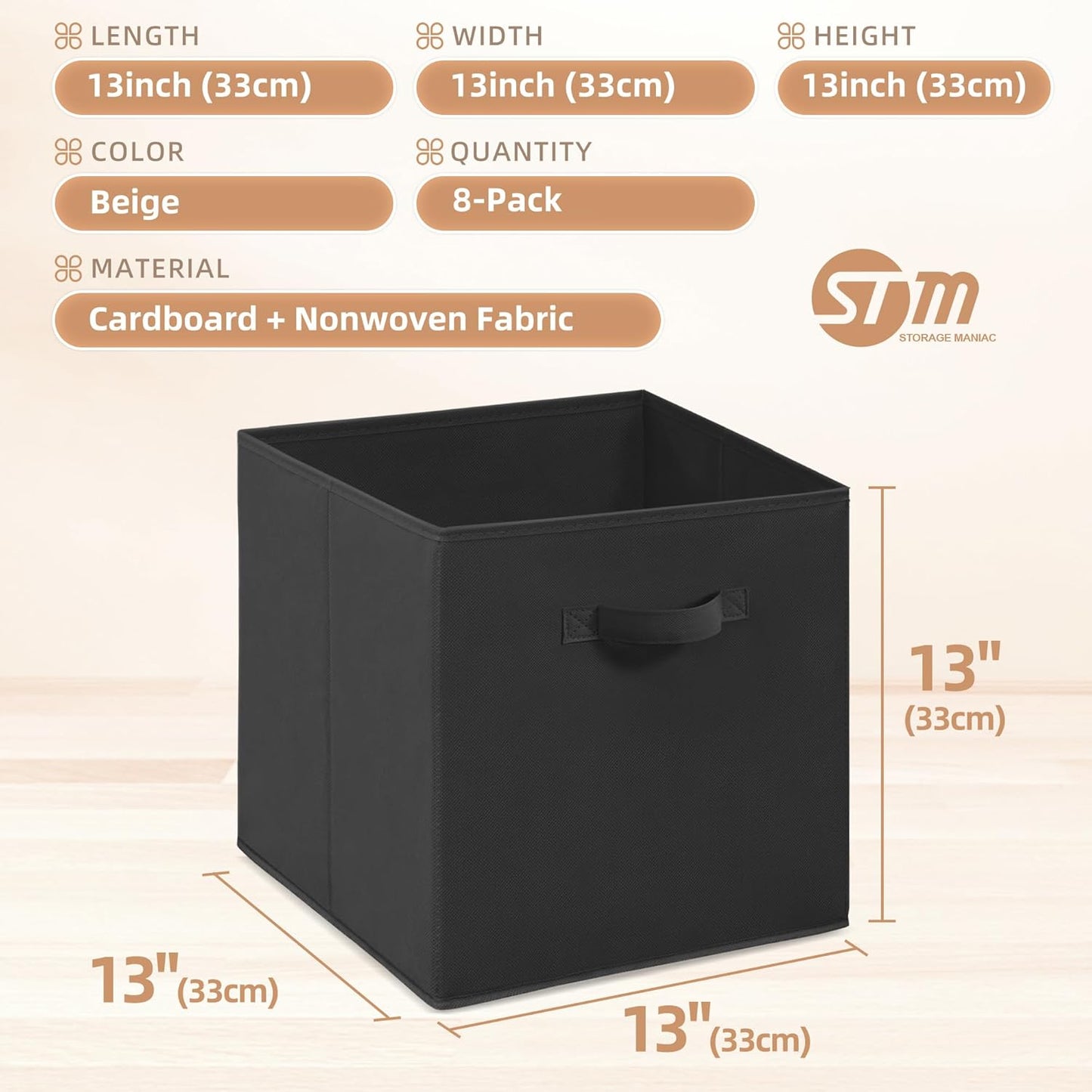 Storage Maniac Storage Cubes - 13 Inch Collapsible Bins with Handles | 8-Pack Durable Black Fabric for Organization
