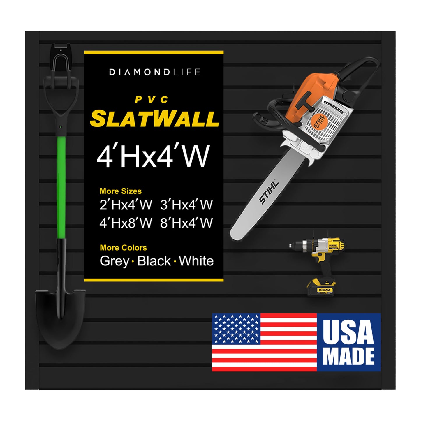Heavy Duty 4x4 PVC Garage SlatWall Storage System (with Endcaps & Screws) - Modular Slat Wall Paneling for Garage Wall Organizer - Interlocking SlatWall Panels for Home & Commercial Use (Black)