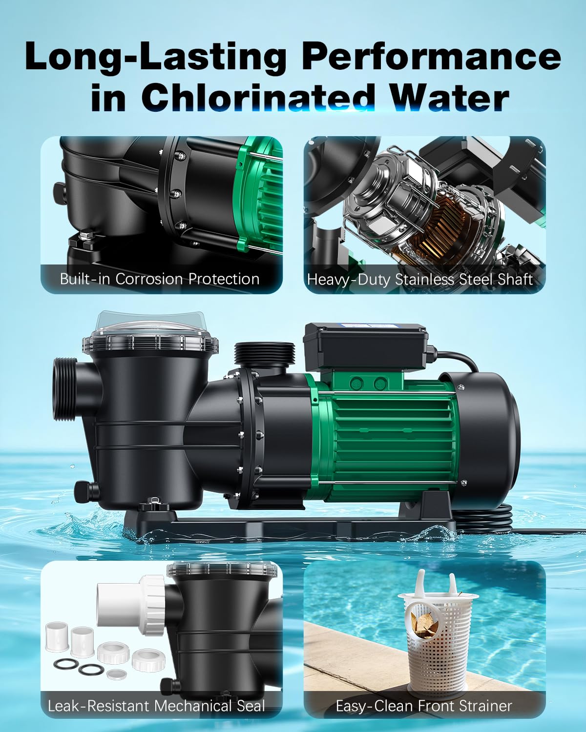 MENIIO 2 HP Swimming Pool Pump, 6980 GPH High Flow, 39.3 FT Max Head, 110V/60Hz IPX68 Waterproof, Inground & Above Ground Pool Water Circulation Pump