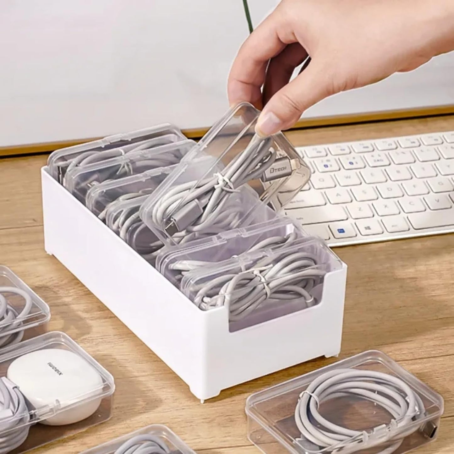 MAKABAKA 7 Cable Organizer Storage Box with Wire Ties,Desktop Cable Management Box with Switch, Power Cord Organizer