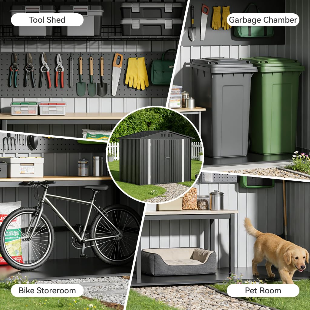 COMHOMA Shed Storage Outdoor Metal Windowed Lockable Weatherproof Ventilated Backyard Garden Utility Workshop(Grey,8'*6')