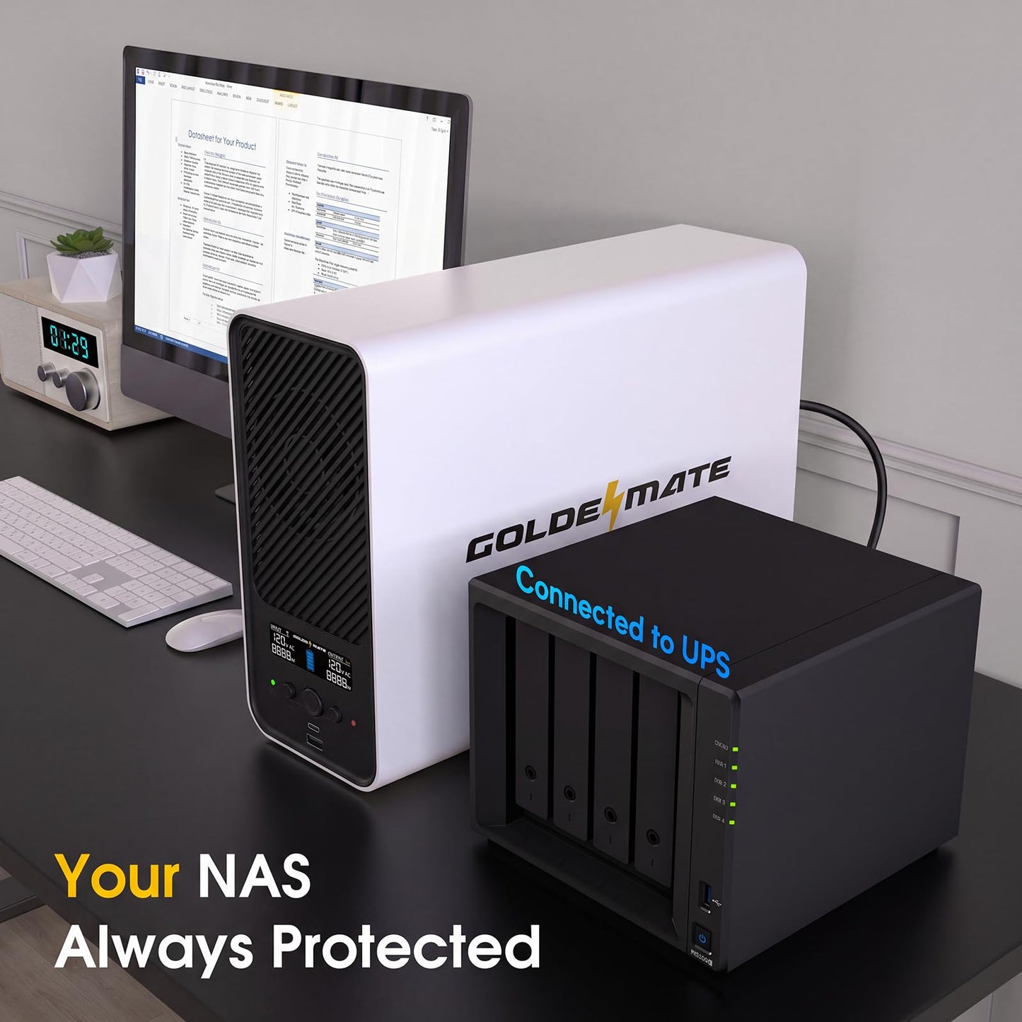 GOLDENMATE 1500VA/1000W Lithium UPS Battery Backup and Surge Protector, 230Wh LiFePO4 Battery Backup, Sinewave UPS with USB Communication Port, 8 Outlets & 2 USB Ports, LCD Display, White