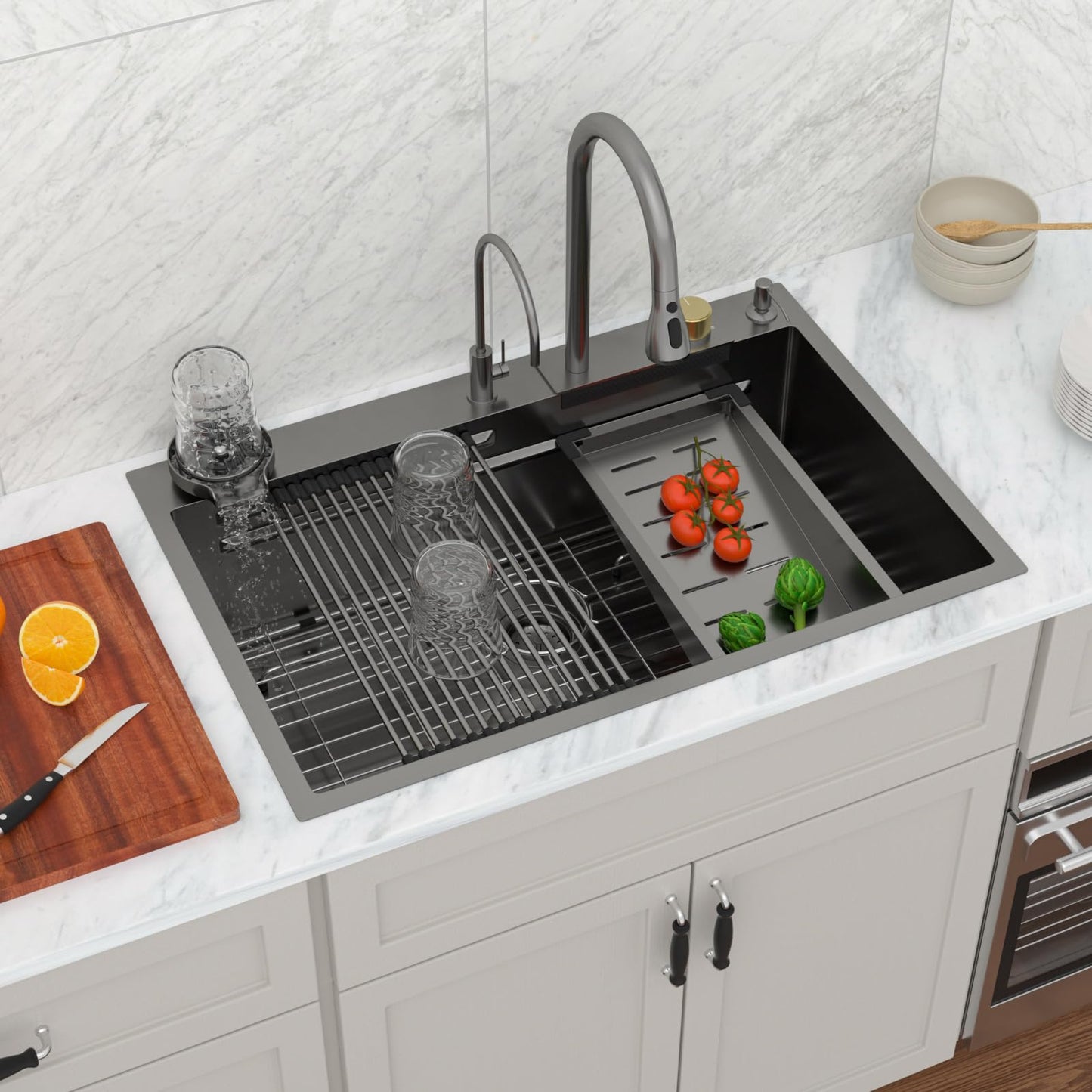 Logmey 33x22 Waterfall Kitchen Sink,Gunmetal Black Nano PVD Drop in Workstation Single Bowl,16 Gauge Anti-Scratch Anti-Rust Stainless Steel Sink with Faucet for Kitchen Remodel Food Prep & Dishwashing