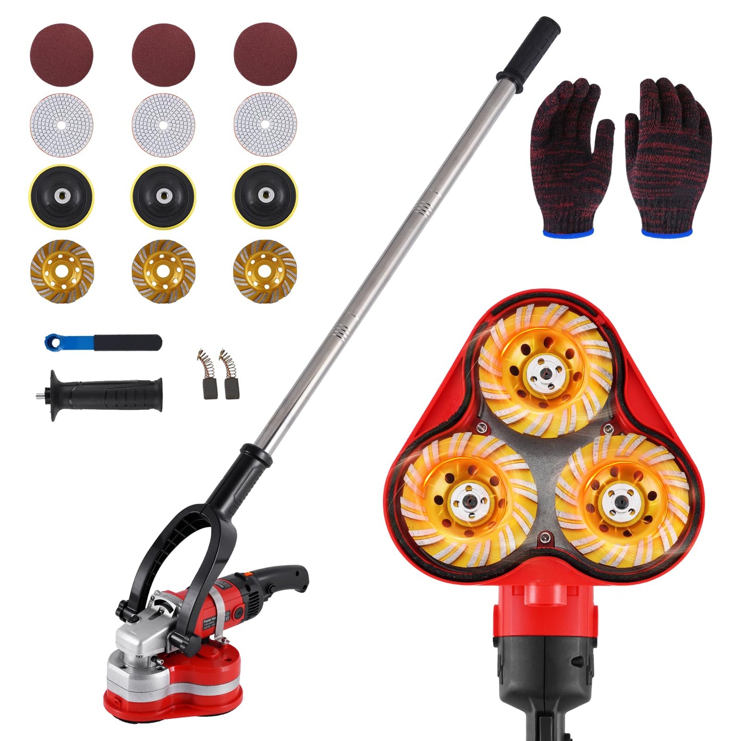 YUCHENGTECH 3 Head Concrete Grinder 4" Concrete Floor Grinder 2800W 6 Speed Concrete Surface Planer with Dust Extraction Shroud & Extendable Rod for Grinding Concrete Cement Marble Granite
