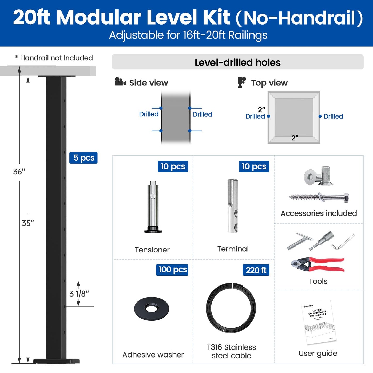 Muzata 16-20FT Modular Black Cable Railing Kit 36 Inch 5 Level Post Kit Complete Set Cable Railing System for Decks Length Adjustable Easy DIY with Paper User Guide (No Handrail) RW17