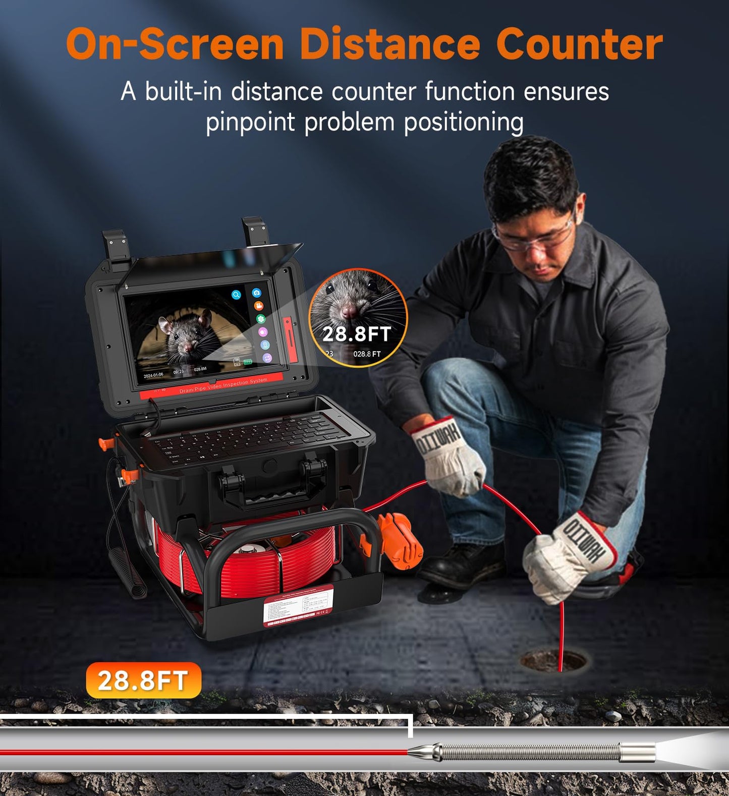 Oiiwak Sewer Camera with Locator 100ft, 7 MM Cable 10.1" 1080P Touch-Screen Sewer Pipe Inspection Camera with DVR for Drain Plumbing Pipe, 512 Hz Transmitter, Self-Leveling, Distance Counter, 12LEDs