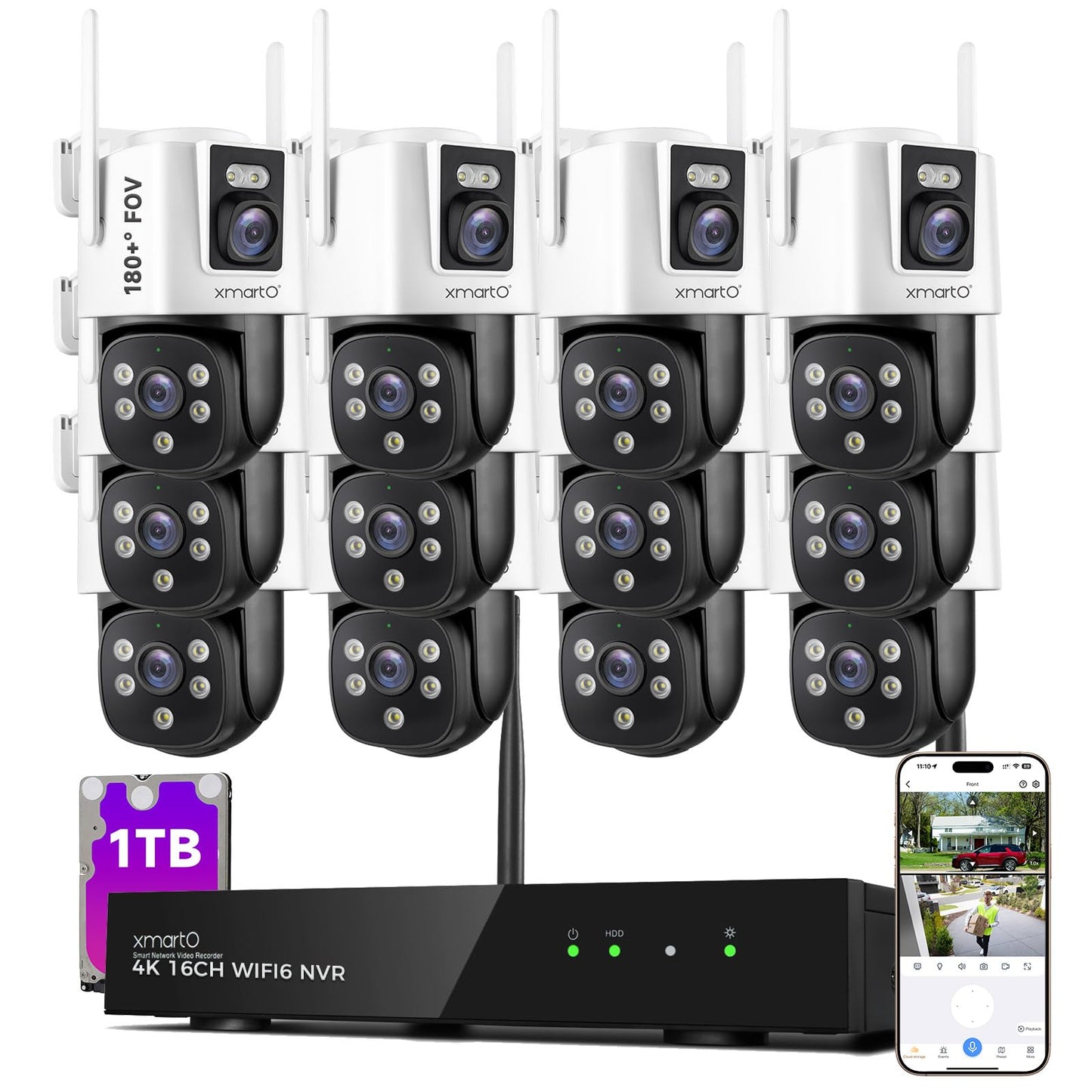 XMARTO [12 Dual-Lens Camera Bundle] 24-View Long Range WiFi6 Mesh Security System, 16CH 4K Dual Band NVR, 4MP 180°+Static FOV & 360°PTZ AI Tracking, 24/7 Plug-in Surveillance, 1TB HDD, No Monthly Fee