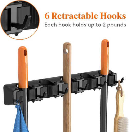 Lifewit Mop And Broom Holder - Anti-Slip Wall Mount Organizer With 5 Slots & 6 Hooks | Holds 30lbs, Black