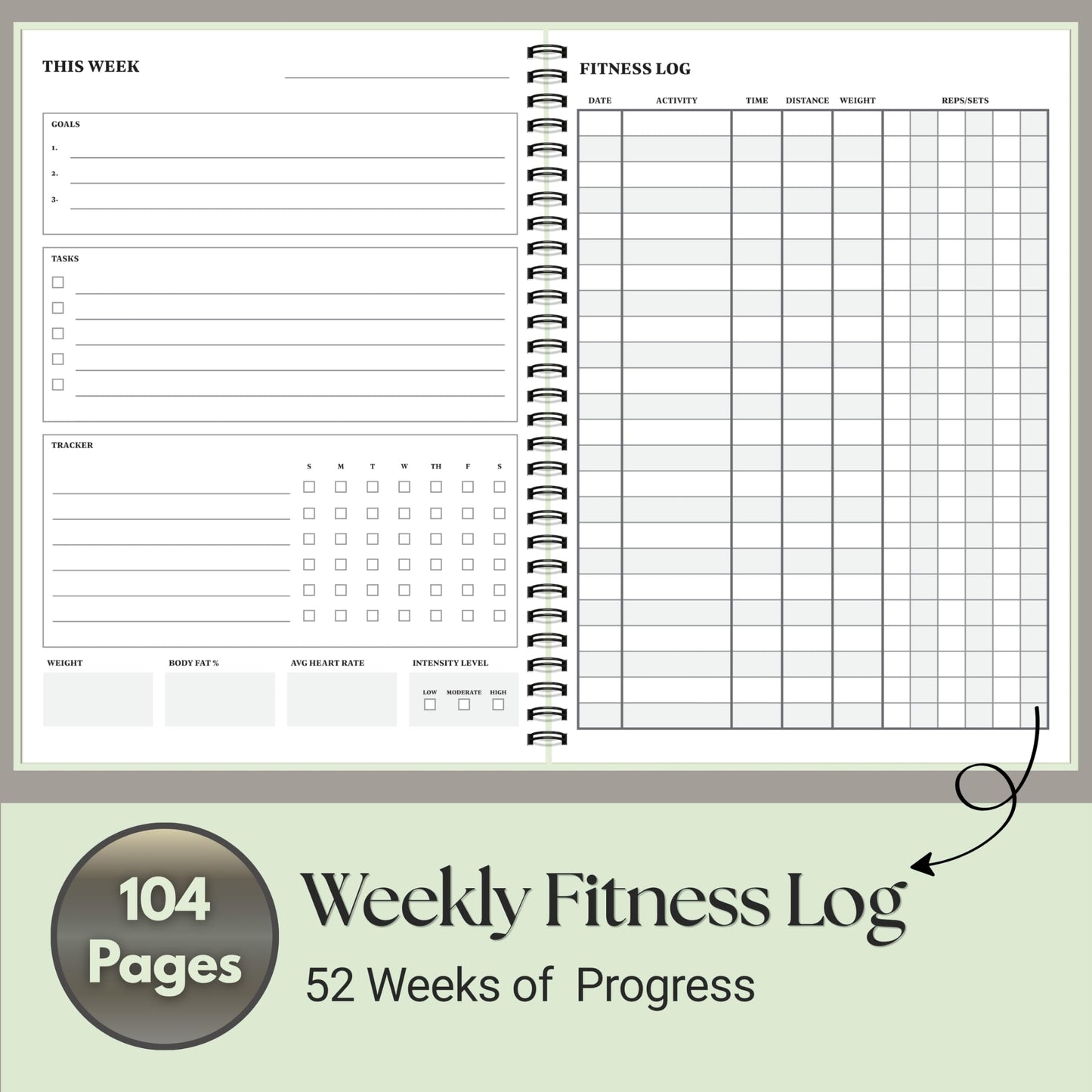 Workout Journal for Men & Women – Fitness Journal & Workout Logbook, Gym Fitness Planner with 52 Weeks of Tracking, Exercise Log Book for Weight Loss & Training – Hard-Cover Spiral Binding – Green
