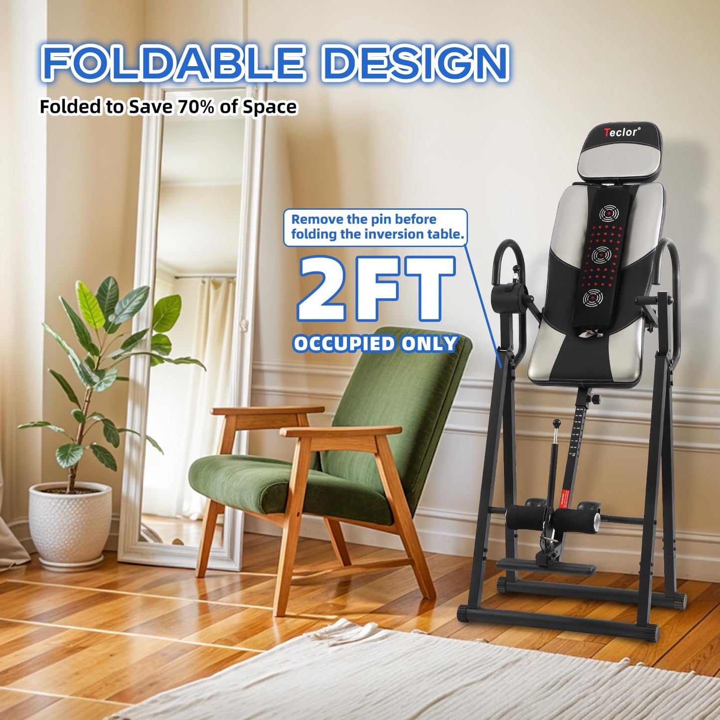 Teclor Inversion Table,Advanced Heat and Massage Function,Strength Training Inversion Table for Back Pain Relief,Heavy Duty Inversion Table 350 lbs Capacity with Wider and Thickened Backrest