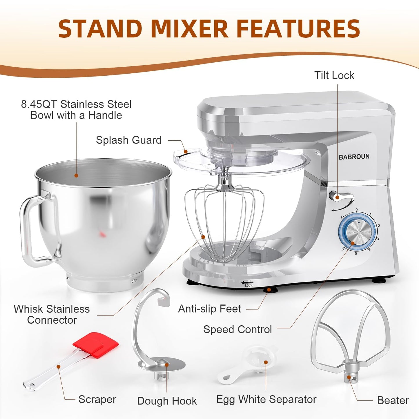 Babroun Dough Mixer 8.45 QT Electric Mixer - 660W 6 Speed Large Capacity Kitchen Stand Mixer with Whisk Dough Hook Mixing Beater Household Food Mixer for Baking Cakes Cookie Bread Salad(Silver)