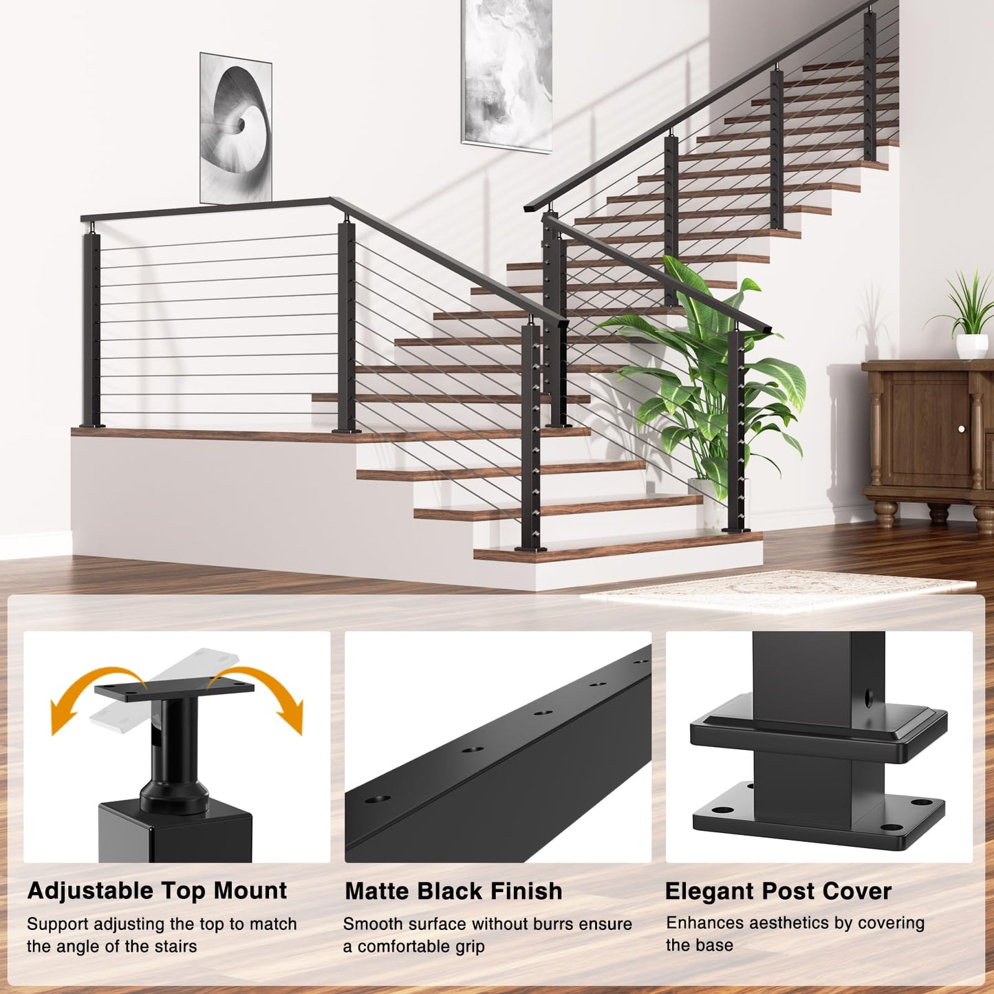 Gyykzz 2 Pack 36" Stair Cable Railing Post for 28-38 Degrees Stairway, Matte Black Surface Mount Deck Staircase Post System, Heavy-Duty Stainless Steel T304 Wire Railing Post for Stairs Indoor Outdoor
