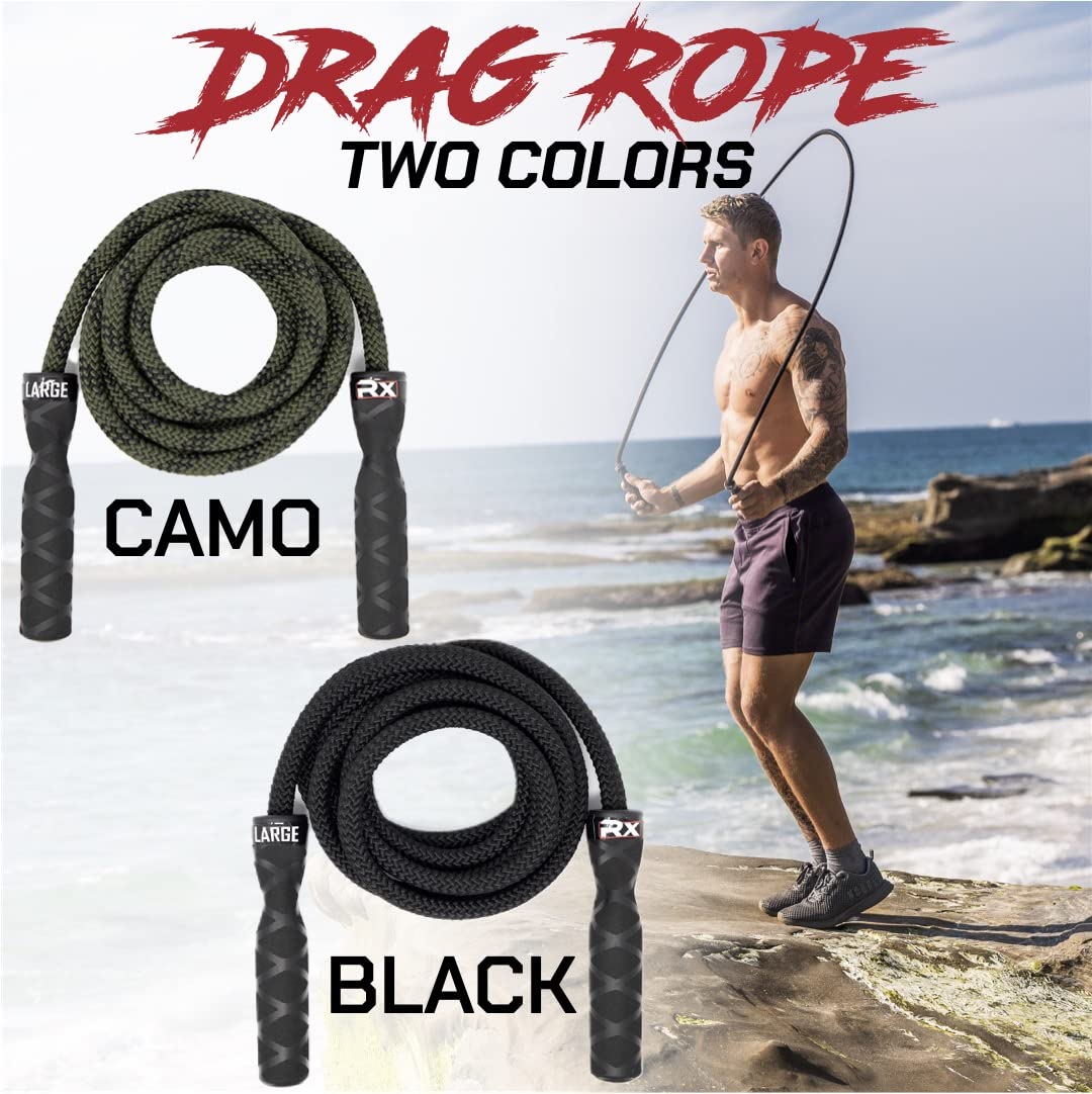 Rx Smart Gear Drag Jump Rope with Non Slip Ergonomic Handles - Weighted Polypropylene Rope for Fitness & Exercise, Cardio Workout | Speed Jumping Rope for Men & Women WOD (Black, Large)