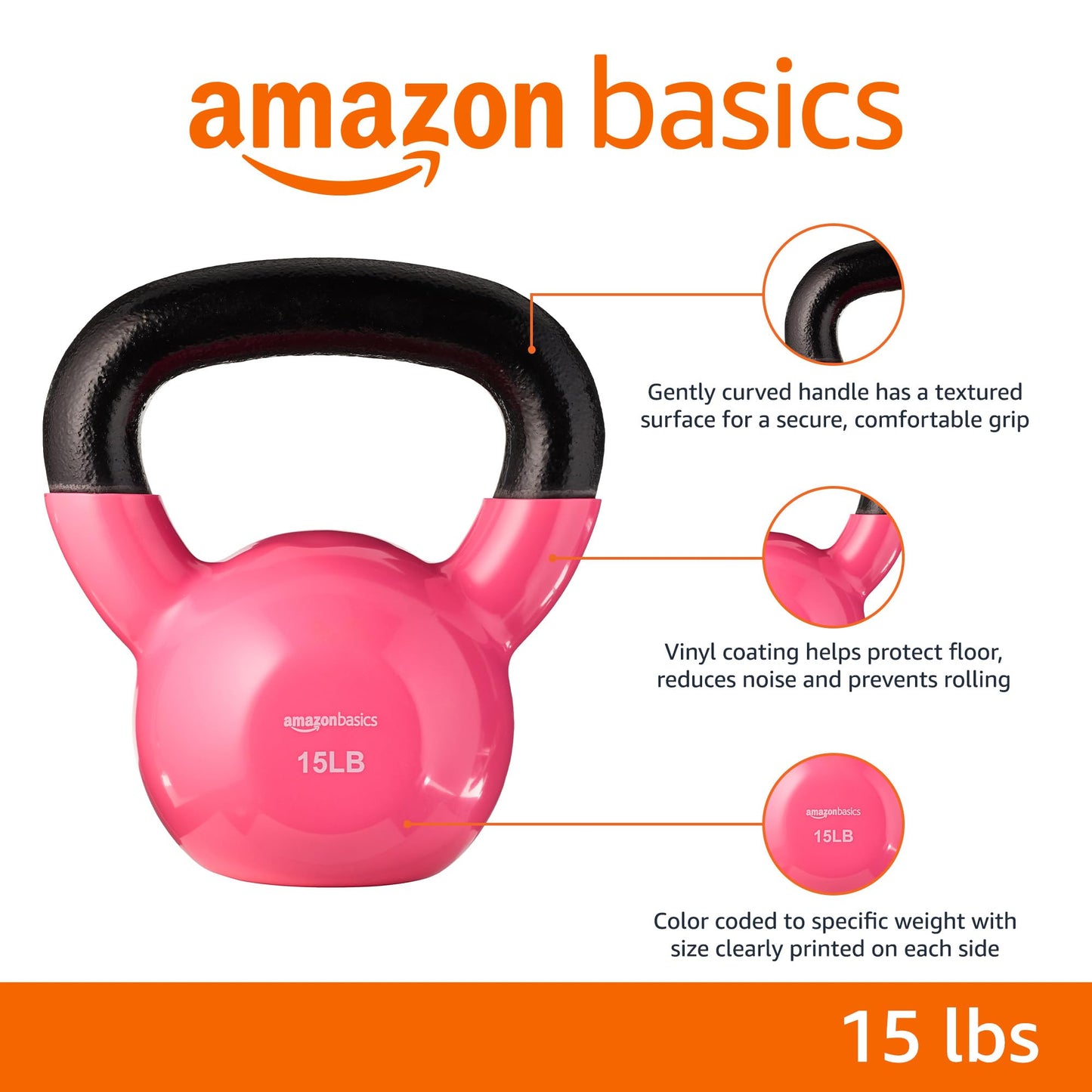 Amazon Basics Vinyl Kettlebell Weight for Strength Training, Workout, 15 Pounds, Textured Wide Handle, Pink