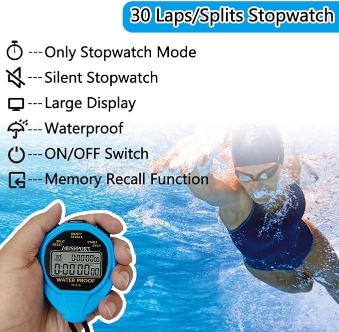 Waterproof Stopwatch Timer 30 Laps/Splits Only Stopwatch Mode, ON/Off Silent Memory Recall Simple Operation, Digital Stop Watch for Sports Swimming Running, Blue