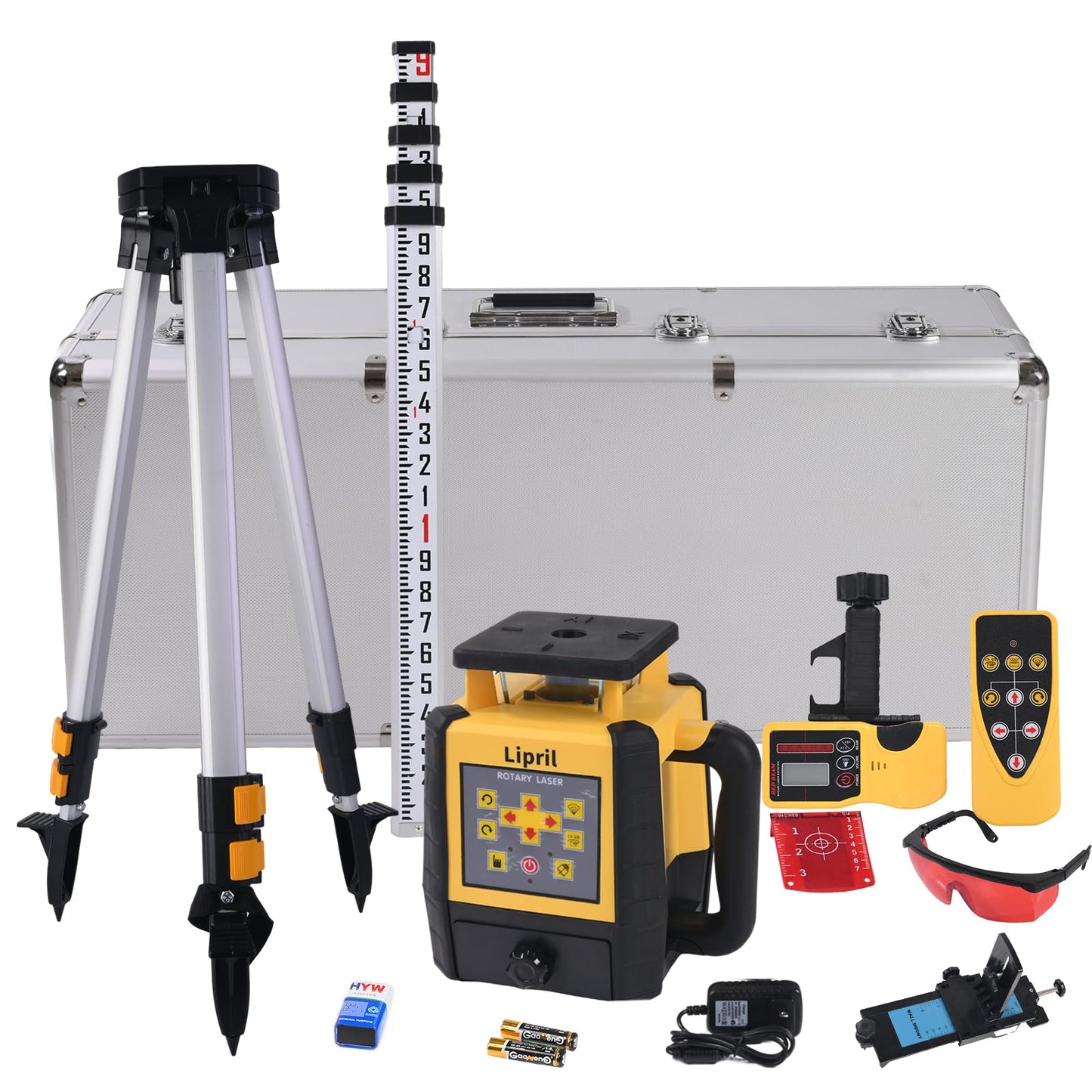 Rotary Laser Level Kit, ±1/16" @100' Accuracy, 2296FT Work Range, IP66 Self-Leveling Construction Laser Transit with Tripod & Grade Rod, Swappable Battery System for Construction Job, Red Bean