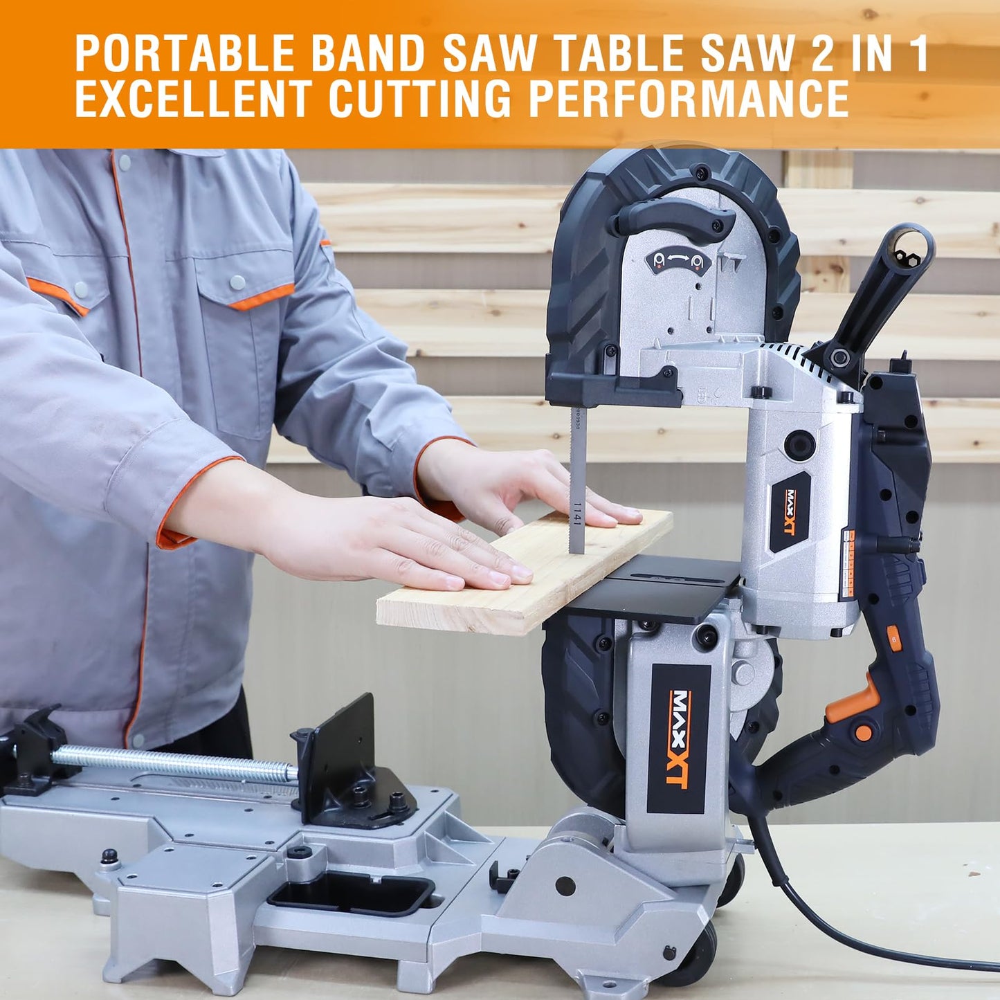 MAXXT 2-in-1 Band Saw with Table Saw Base, 10A 5-Inch Deep Cut Portable Band Saw, Lightweight Aluminum Body, Variable Speed, Handheld Multi-Purpose Portable Saw with Rolling Base for Metal & Wood