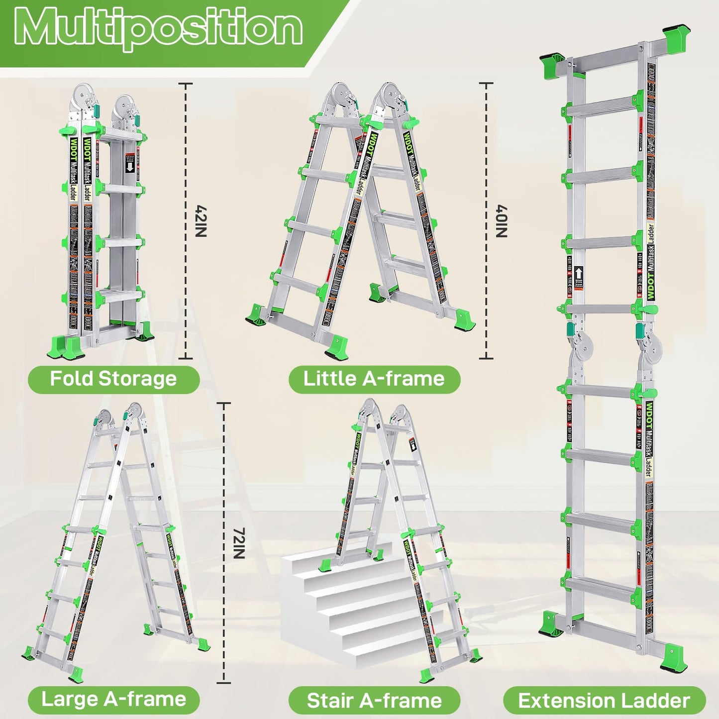 WDOT Ladder, Extension Ladders for Home Stairs 14 Ft, 4 Step Multi Position A Frame Ladder with Stabilizer Bar, Compact Folding, 330 lbs Telescopic Aluminum Adjustable Ladders, Escaleras para Casa