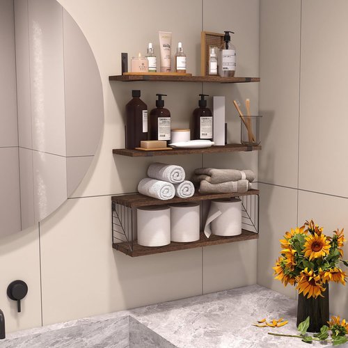 Fixwal Floating Bathroom Shelves - Rustic Wood Wall Decor for Bathroom, Living Room & Kitchen | 15.8in Dark Brown, 3 Plus 1 Tier