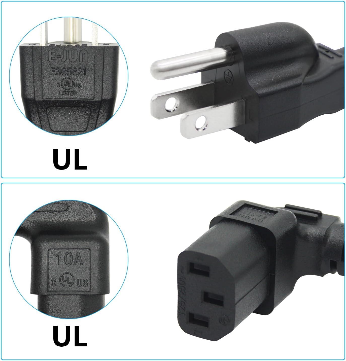 Maixbomr 3 5.9ft/1.8m,Down 10A 250V 18AWG 5-15P C13 C13 Prong AC Power Cord Angle to Power Cable,for PC