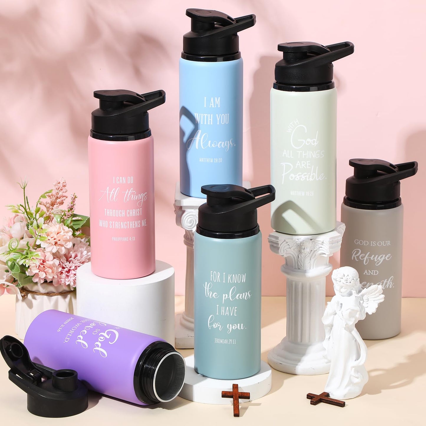 Reallnaive 12 Pieces Christian Religious Aluminum Water Bottles Bulk Snap Lids 20oz Morandi Colors Outdoor Leakproof Reusable Water Bottles for Travel Camping Hiking Fishing