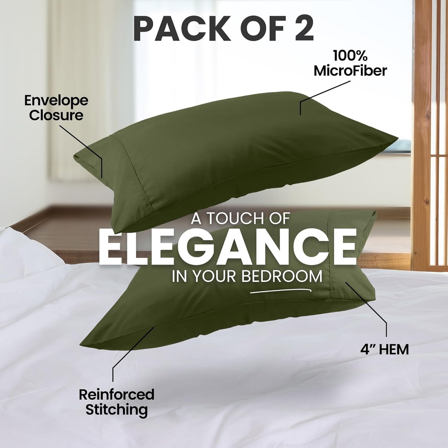 Utopia Bedding Queen Pillow Cases - Soft Brushed Microfiber - 2 Pack, Olive | Fade & Shrinkage Resistant 20 X 30 Inches