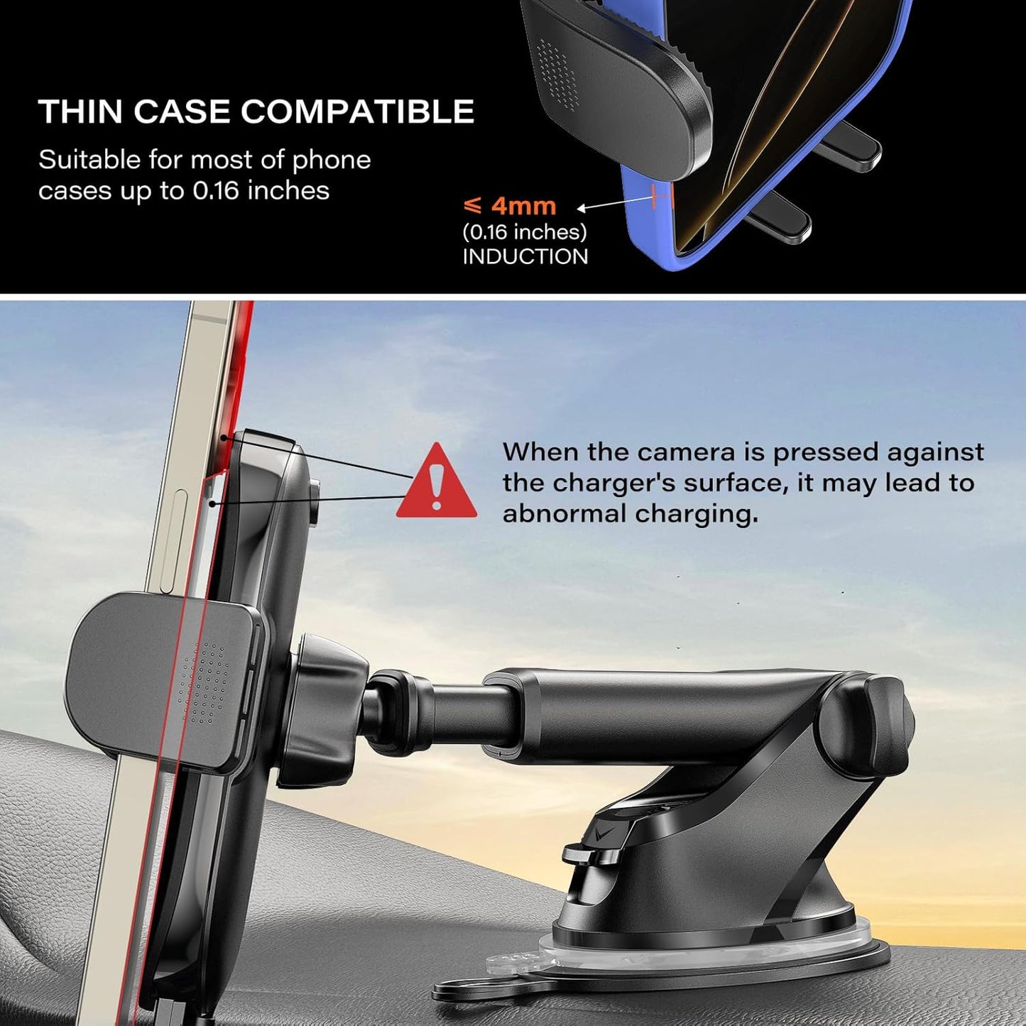APPS2Car 15W Suction Phone Mount Wireless Car Charger, Dashboard Wireless Charger for Car, Compatible with iPhone