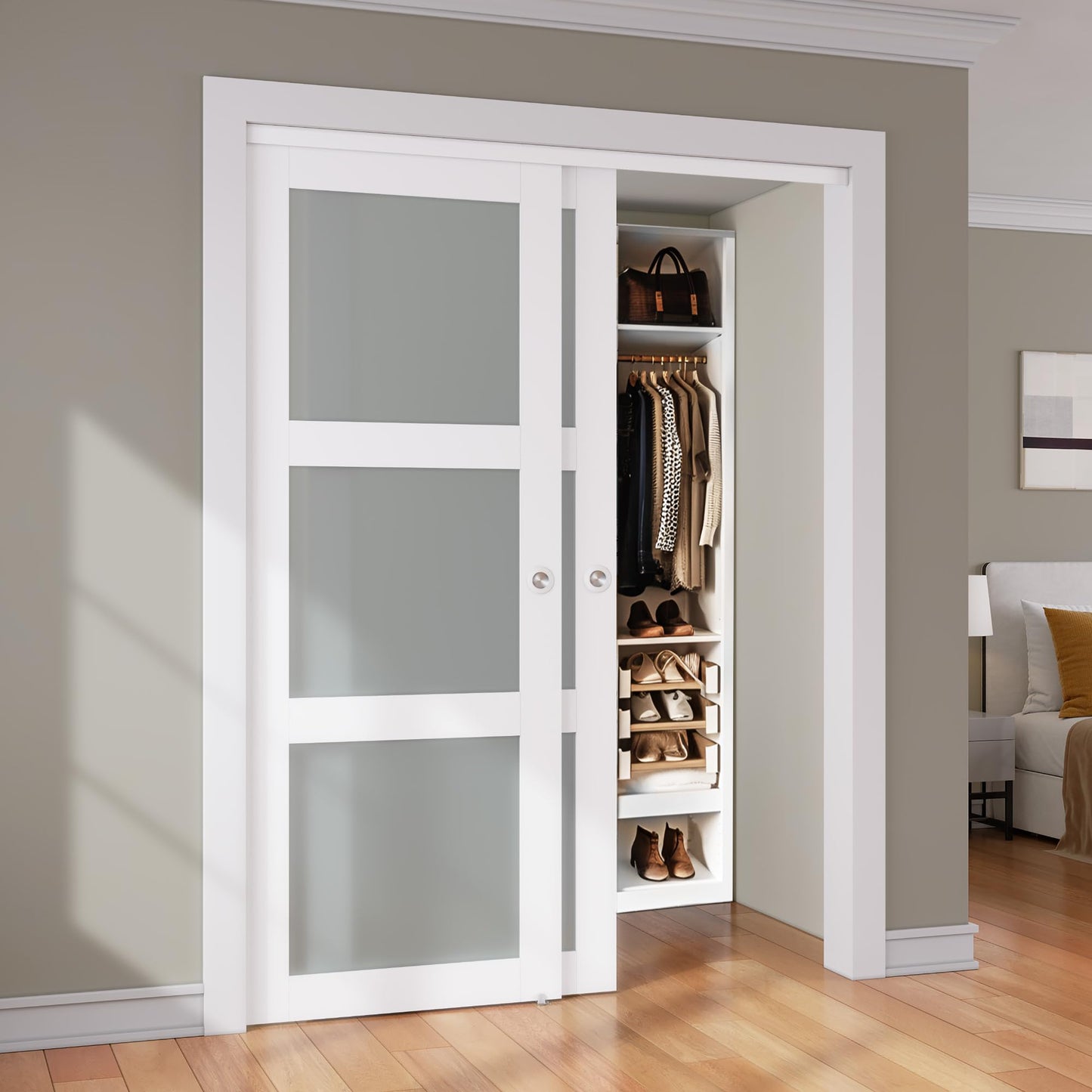 SMARTSTANDARD Sliding Closet Door, 64"×80"(Double Barn Doors 33"), Double Frosted 3 Panel Glass Sliding Door with Hardware Kit, Pre-Drilled Door Panel, Need to Assemble, MDF with PVC Surface, White