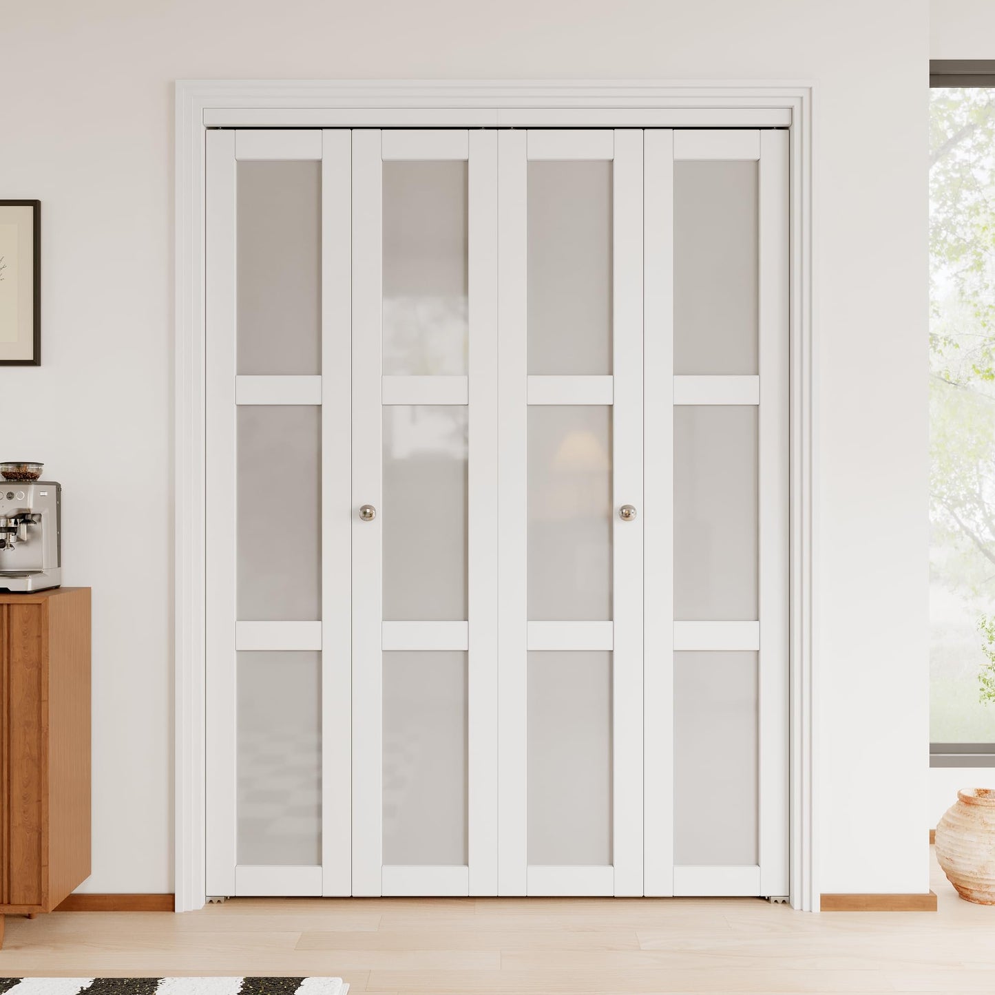 JuJuBon Bifold Doors for 60"x 80" Opening, 3-Lite Tempered Frosted Glass Closet Door with Sliding Hardware Kit, Interior Bi Fold Doors for Pantry, Solid Build Quality & Easy Install