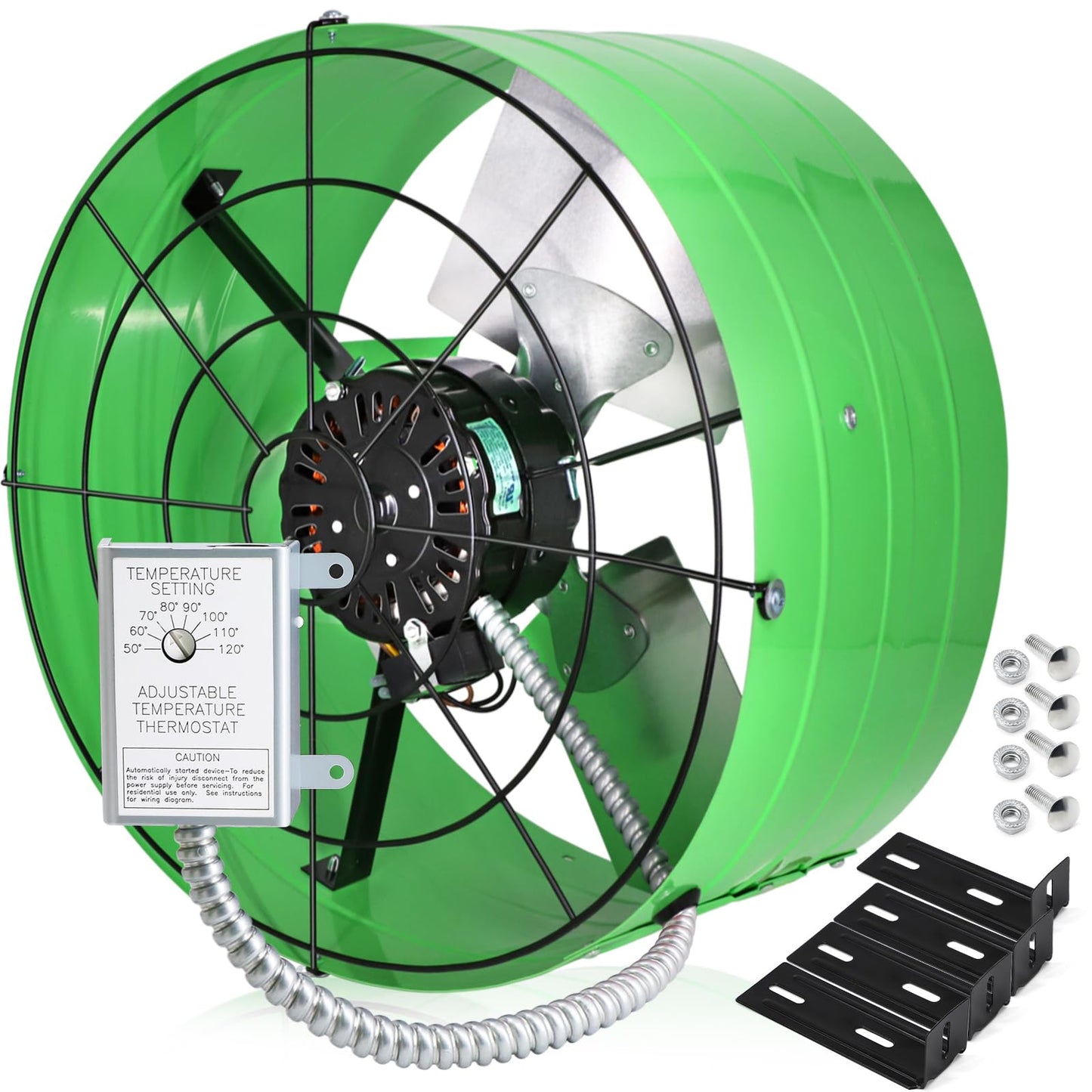 Hiorucet Gable Mount Attic Exhaust Fan with Adjustable Thermostat, 2801CFM 3750 SQF High Speed Low Noise Gable Vent Fan, 16 Inch Fan Blade and Permanently Lubricated Motor, Green.