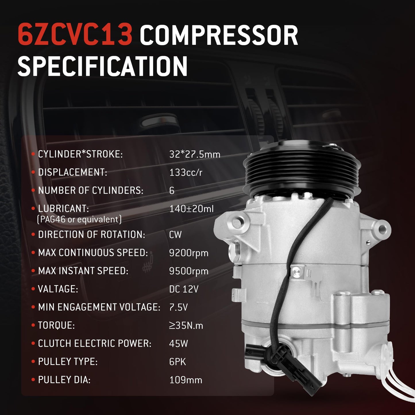 HYR New Air Conditioner AC Compressor with Clutch Compatible with Chevy Cruze 1.8L 2012 2013 2014 2015, 2016 Cruze Limited 1.8L, 6 grooves #CO 22227C,13346491,158272, 157272,1422227