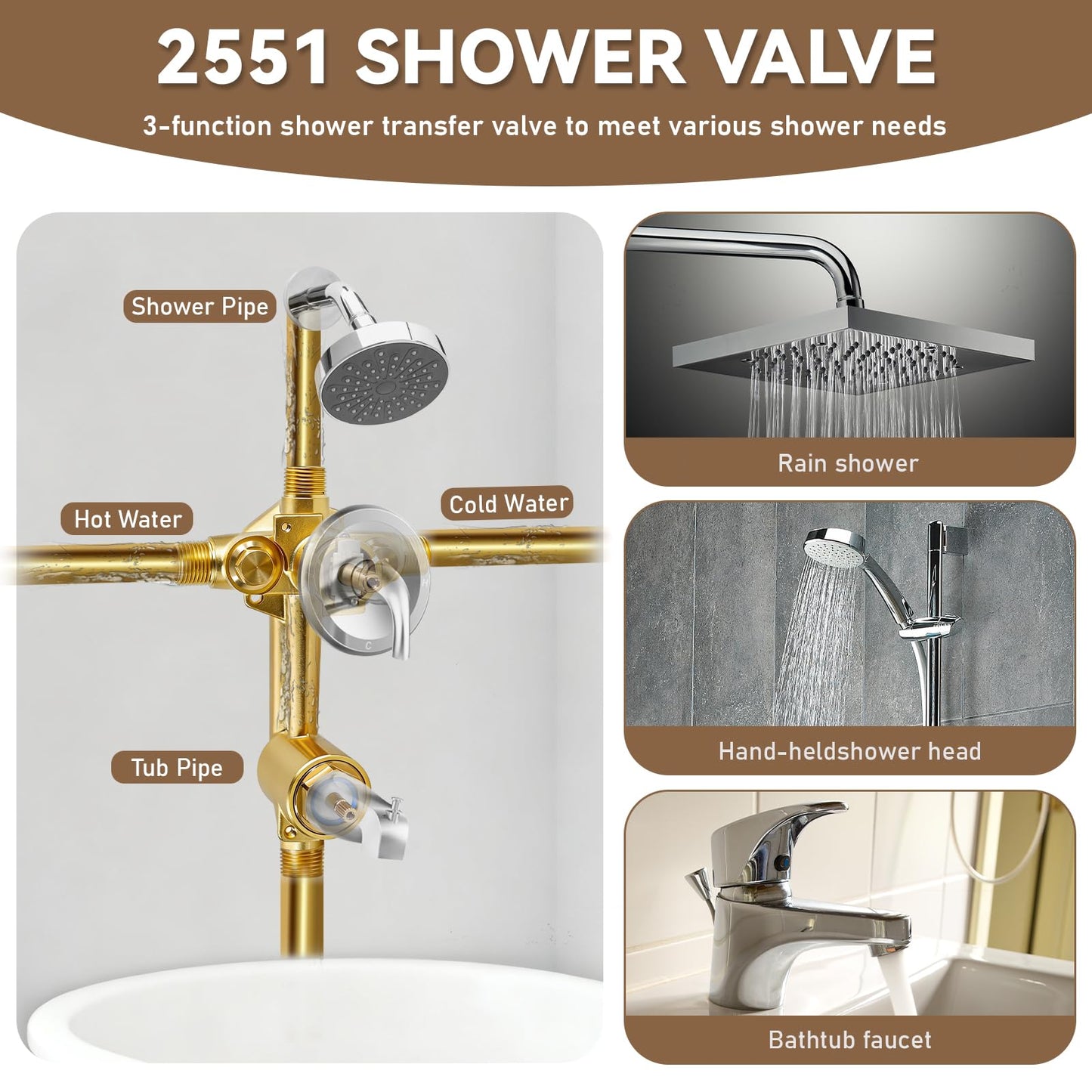 2551 Pressure Balancing Valve, Shower Diverter with Built-In 3-Function Transfer, Compatible with Posi-Temp Trim Valve, 1/2” CC/IPS Connections, Brass 4-Port for Bathtub and Shower