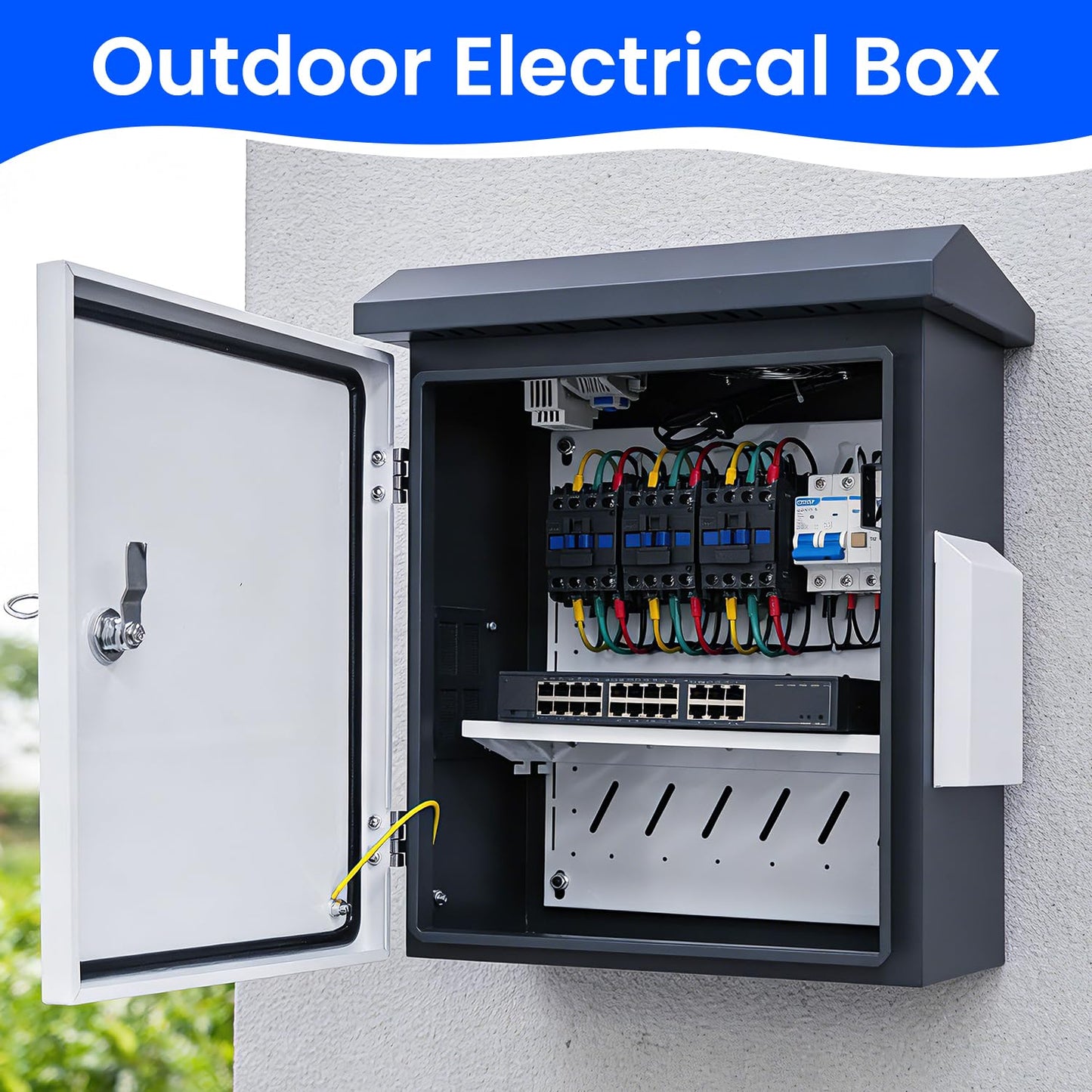 POOAMY Lockable Electrical Enclosure Box, 15.7"x11.8"x7.9", IP65 Waterproof Metal Junction Box with Thermostat and Cooling Fan, Outdoor Electrical Box with Internal Mounting Plate, Grey & White