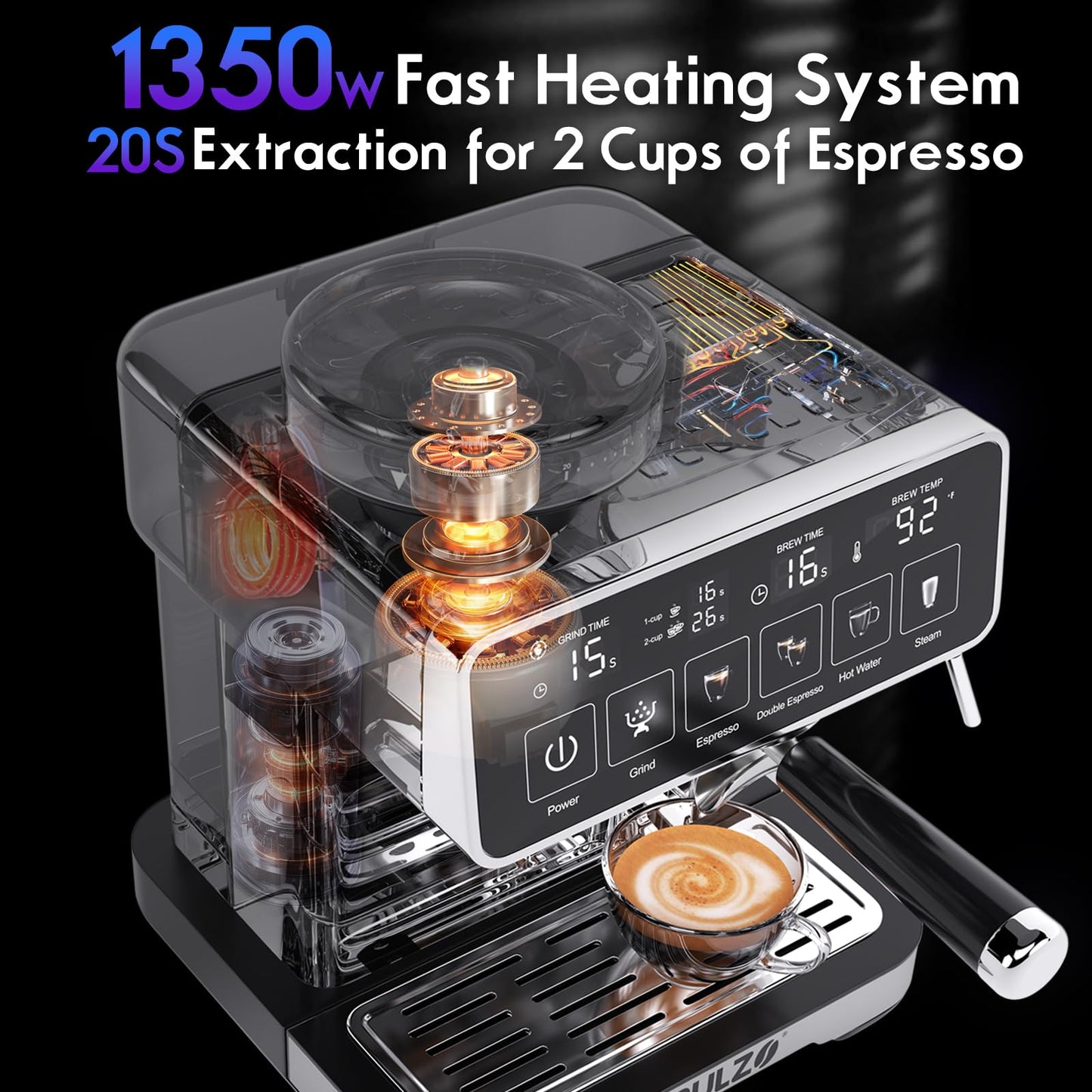 PULZO Espresso Machine with Grinder, 20 Bar Professional Coffee Machine with Milk Frother Steam Wand, All-in-One Stainless Steel Coffee Maker to Make Latte, Cappuccino, 67oz Detachable Water Tank