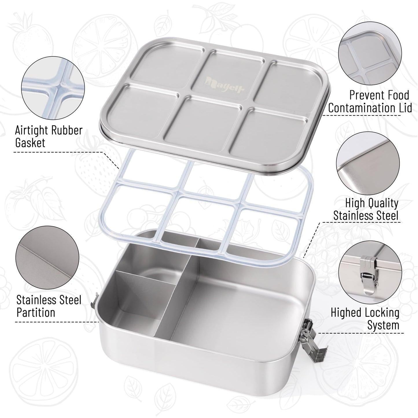 NAYELF Bento Box for Kids, 1.5L/50oz Stainless Steel Snack Containers with 3 Compartments, Lockable Clip Kids Lunch Box, Eco-Friendly, Leak-proof, Dishwasher-Safe for Home, School, Travel
