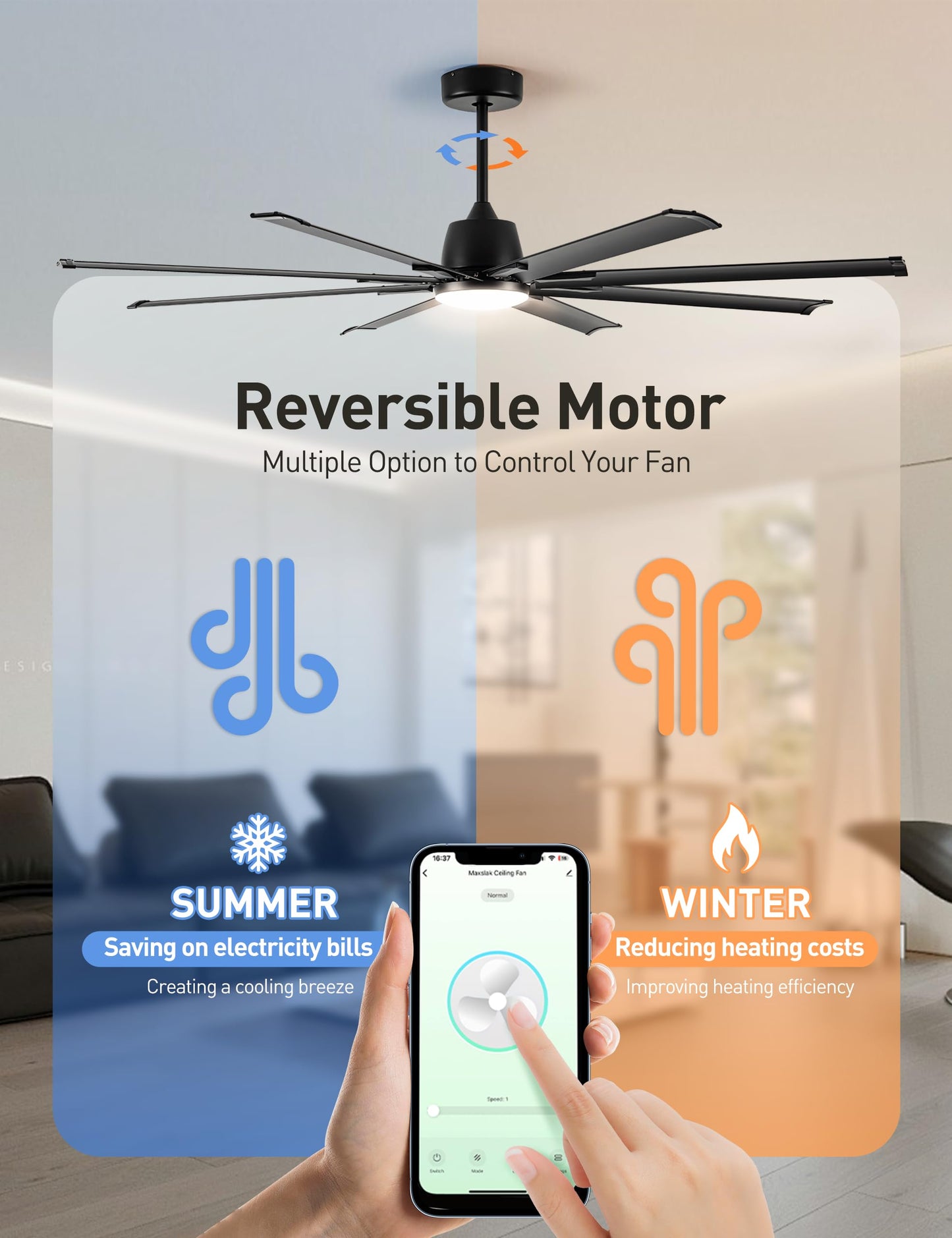 Minislak 72 Inch Ceiling Fan with Light,Industrial Ceiling Fan with 8 Black Aluminium Blades,Smart Fan Compatible with Alexa,Garage Outdoor Indoor Fan for Patio and Living Room