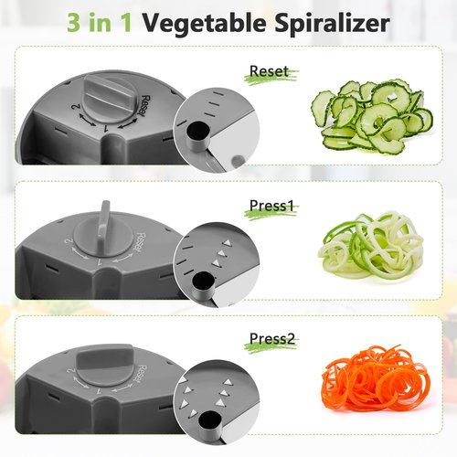 3-in-1 Vegetable Spiralizer Slicer, Adjustable Mandoline Spiral Cutter for Zucchini Noodles, Carrots, Cucumber (Grey)