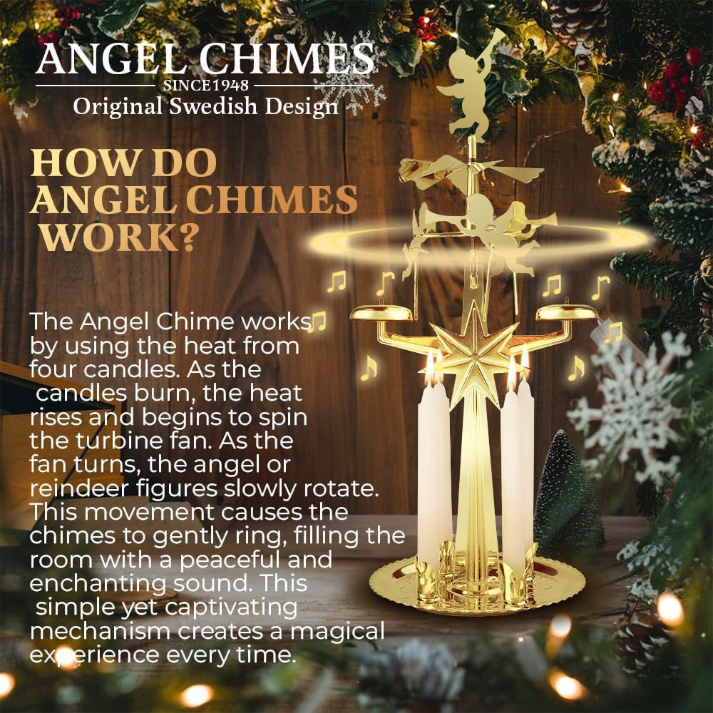 Swedish Angel Chimes | Original Carousel with 4 Candles - Festive Gold Brass Home Decor Since 1948