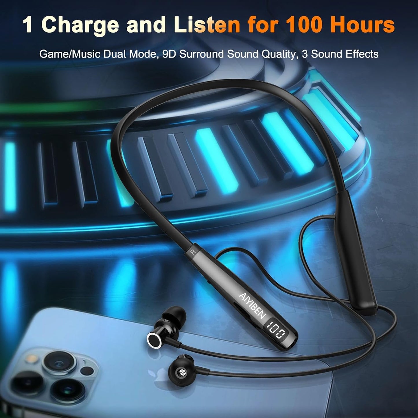 AIYIBEN 100 (Y10) Neckband Bluetooth Headphone with LED Power, Neckband Headphones Hours Playtime, in-Ear Bluetooth