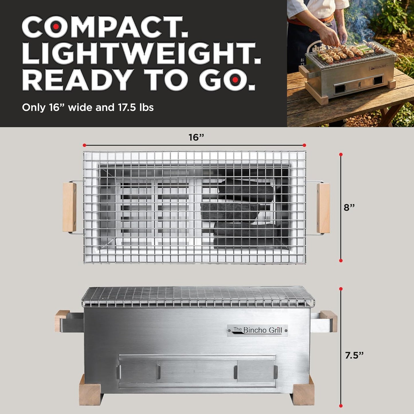 The Bincho Grill 16" Mini Yakitori Grill – Stainless Steel Mini Tabletop Charcoal BBQ with Charcoal Box, Optimized Airflow & Cool-Touch Base - Perfect for Japanese Grilling, Skewers, Meat, Seafood