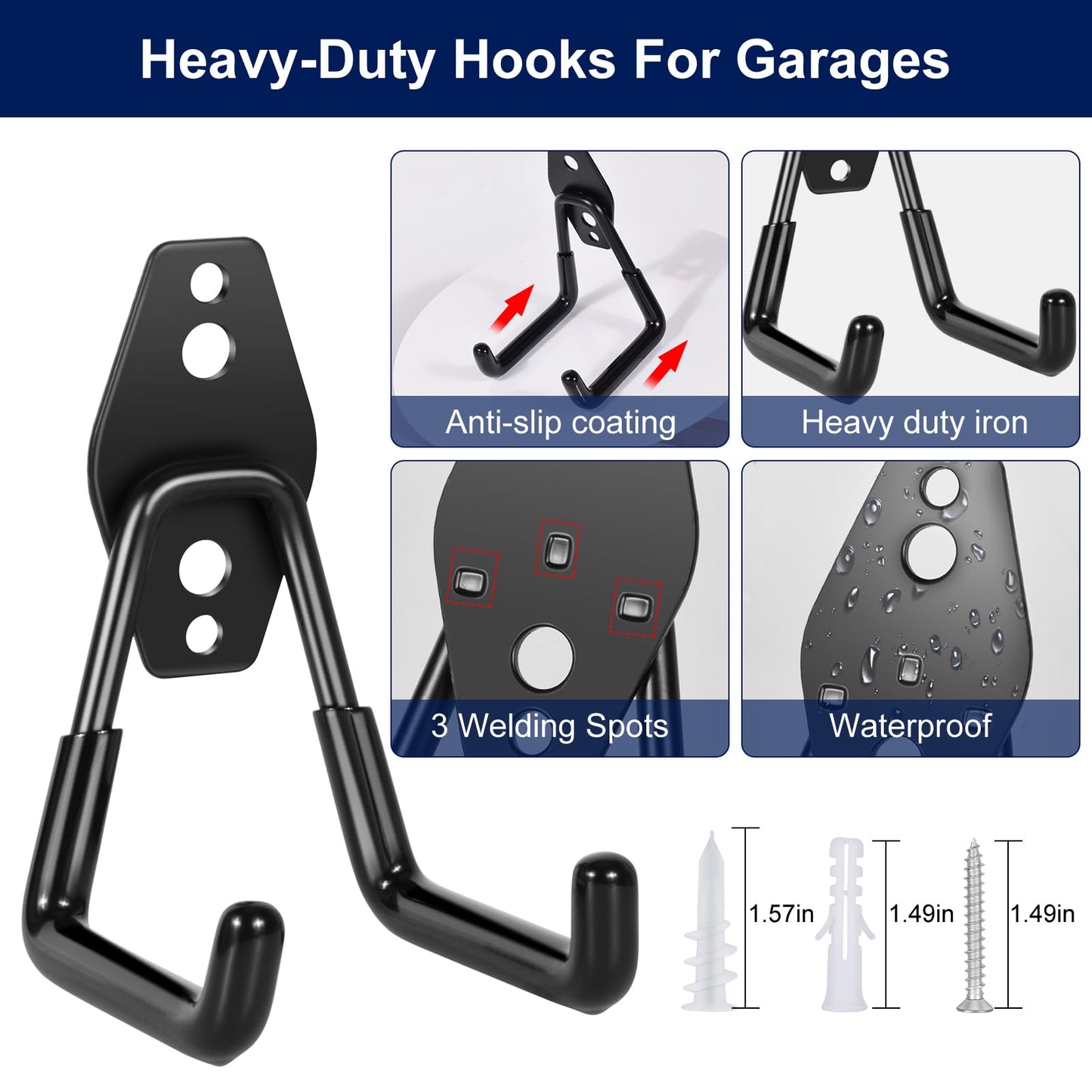 PVZZRKL 18 Pack Garage Hooks, Anti-Slip Coating, Hooks for Hanging Heavy Duty for Garages, Bicycles, Ladders, Gardening, Tools, Including 3 Organizing Straps